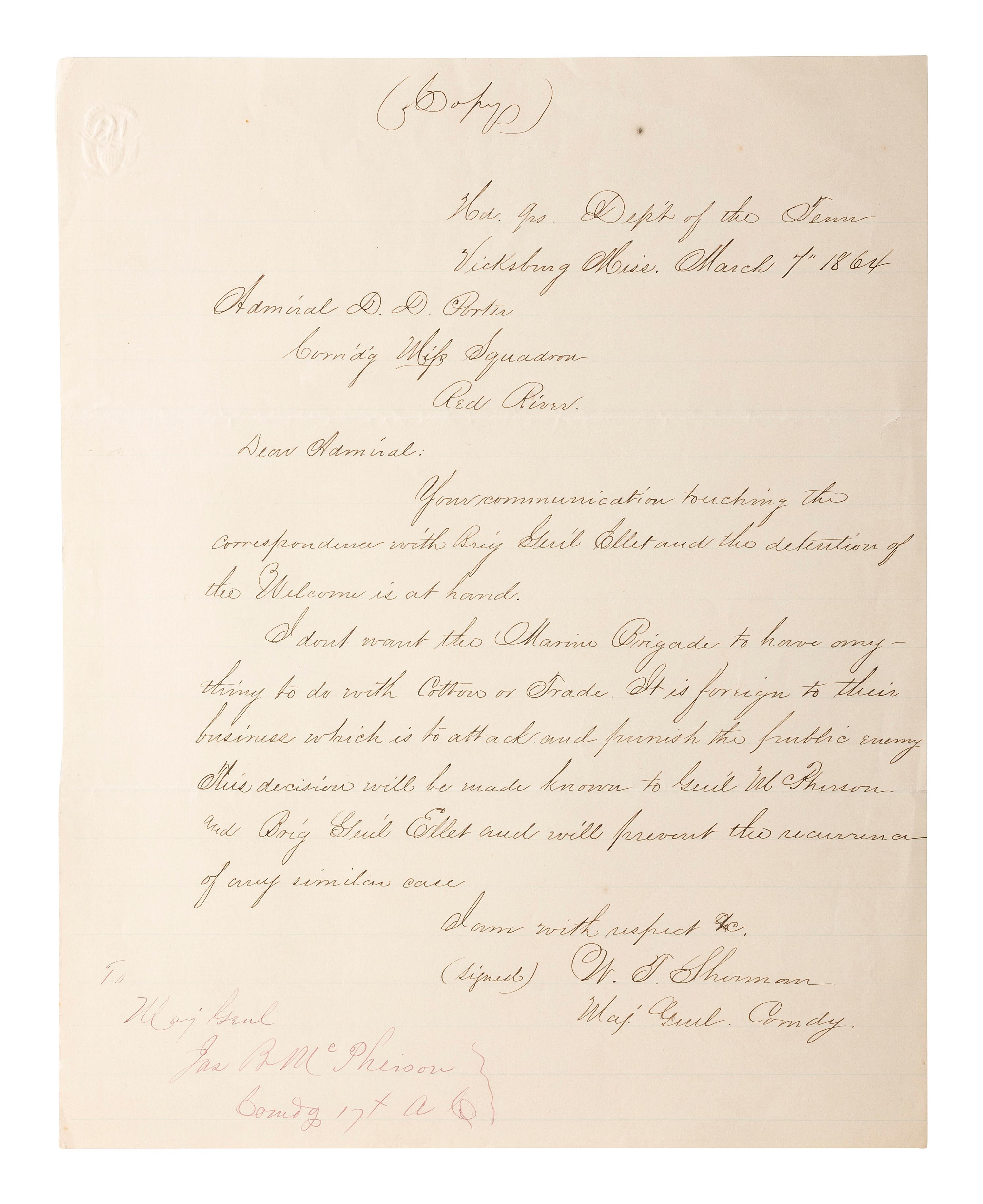 [CIVIL WAR]. Autographs from Civil War soldiers incl. Generals SHERMAN, MCCLELLAN, and BUTLER.