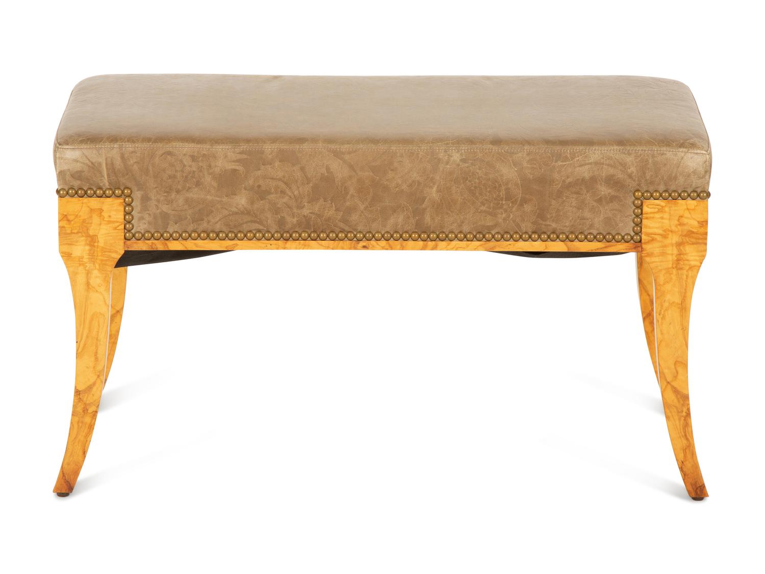 A William Switzer Burled Olivewood Bench with Tooled Leather Upholstered Seat — 20th Century