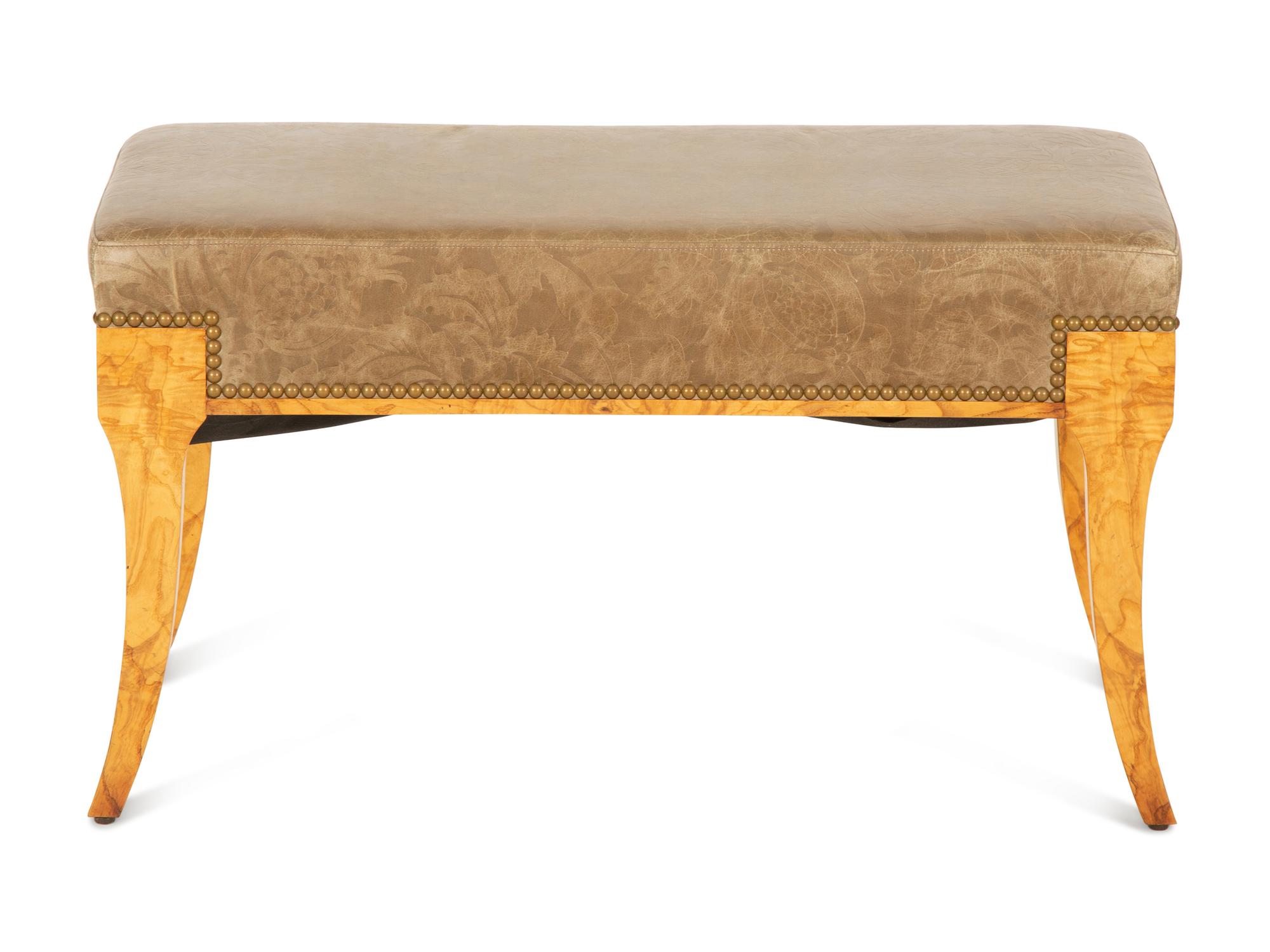 A William Switzer Burled Olivewood Bench with Tooled Leather Upholstered Seat — 20th Century