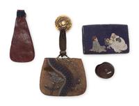 Three Japanese Painted Leather Tobacco Purses