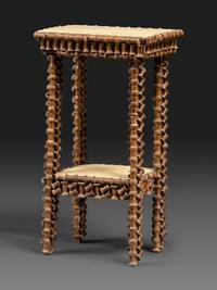 A Folk Art Wood Spool Decorated Pedestal Table