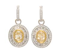 A Pair of 18 Karat Bicolor Gold, Colored Diamond and Diamond Earrings, 7.60 dwts.