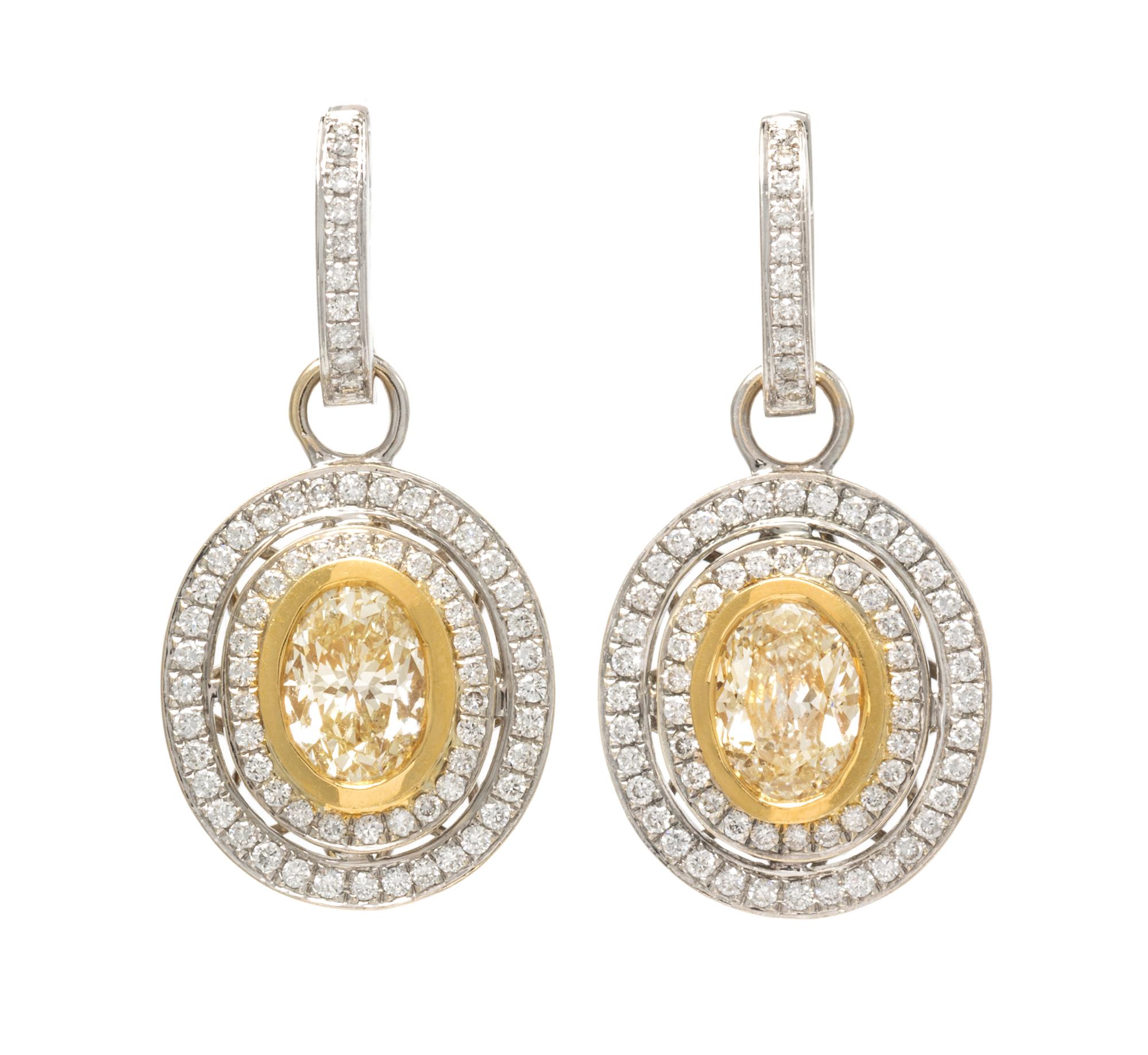 A Pair of 18 Karat Bicolor Gold, Colored Diamond and Diamond Earrings, 7.60 dwts.