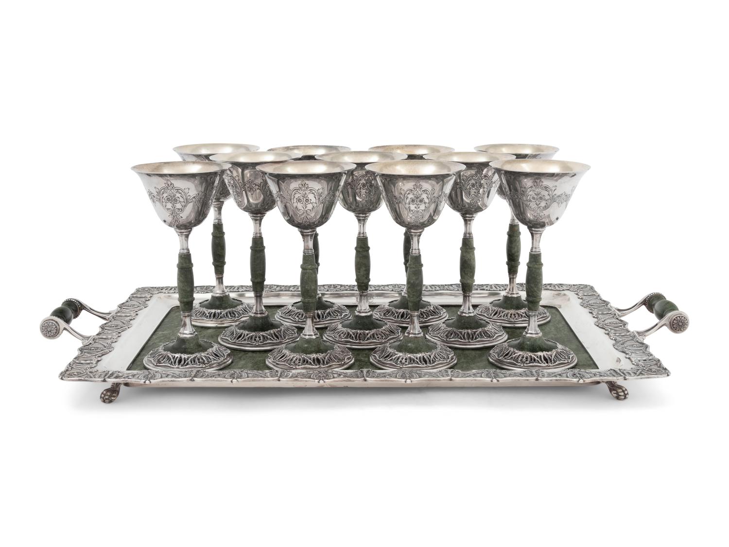 A Set of Twelve American Silver and Hardstone Goblets with Tray