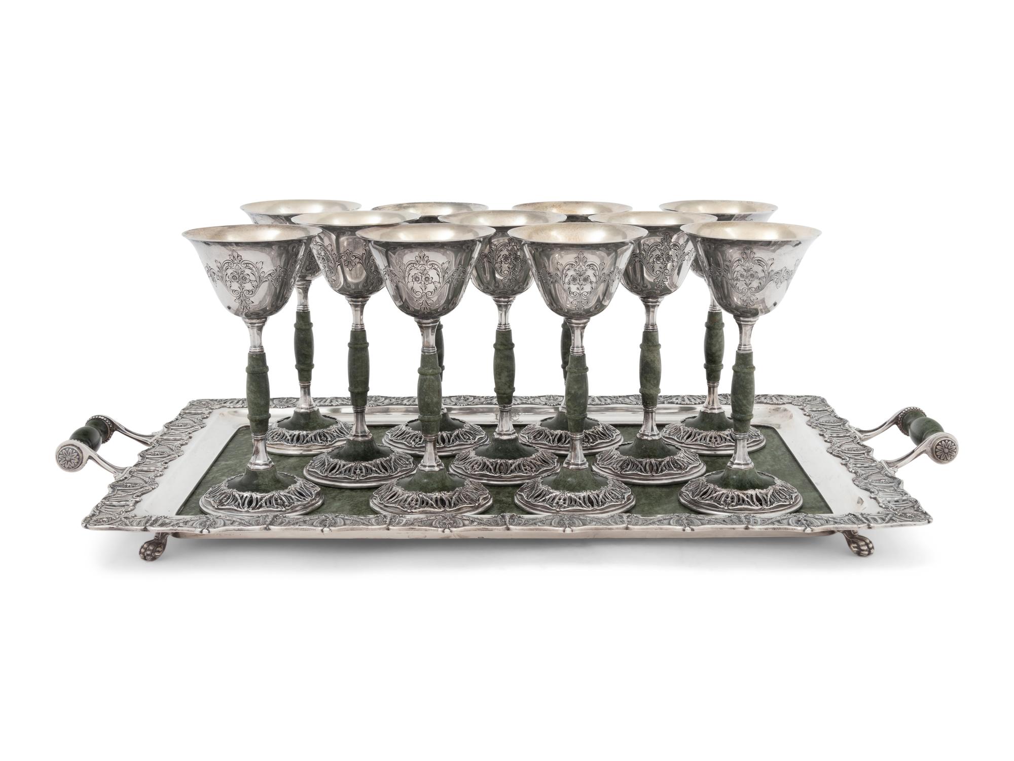 A Set of Twelve American Silver and Hardstone Goblets with Tray