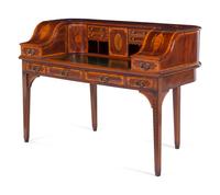 A George III Style Inlaid and Figured Mahogany Leather Inset Carlton House Desk