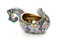 A Russian Enameled Silver Kovsh, Mark of Fedor Ruckert, Moscow, Late 19th/Early 20th Century, the body decorated with polychrome foliat