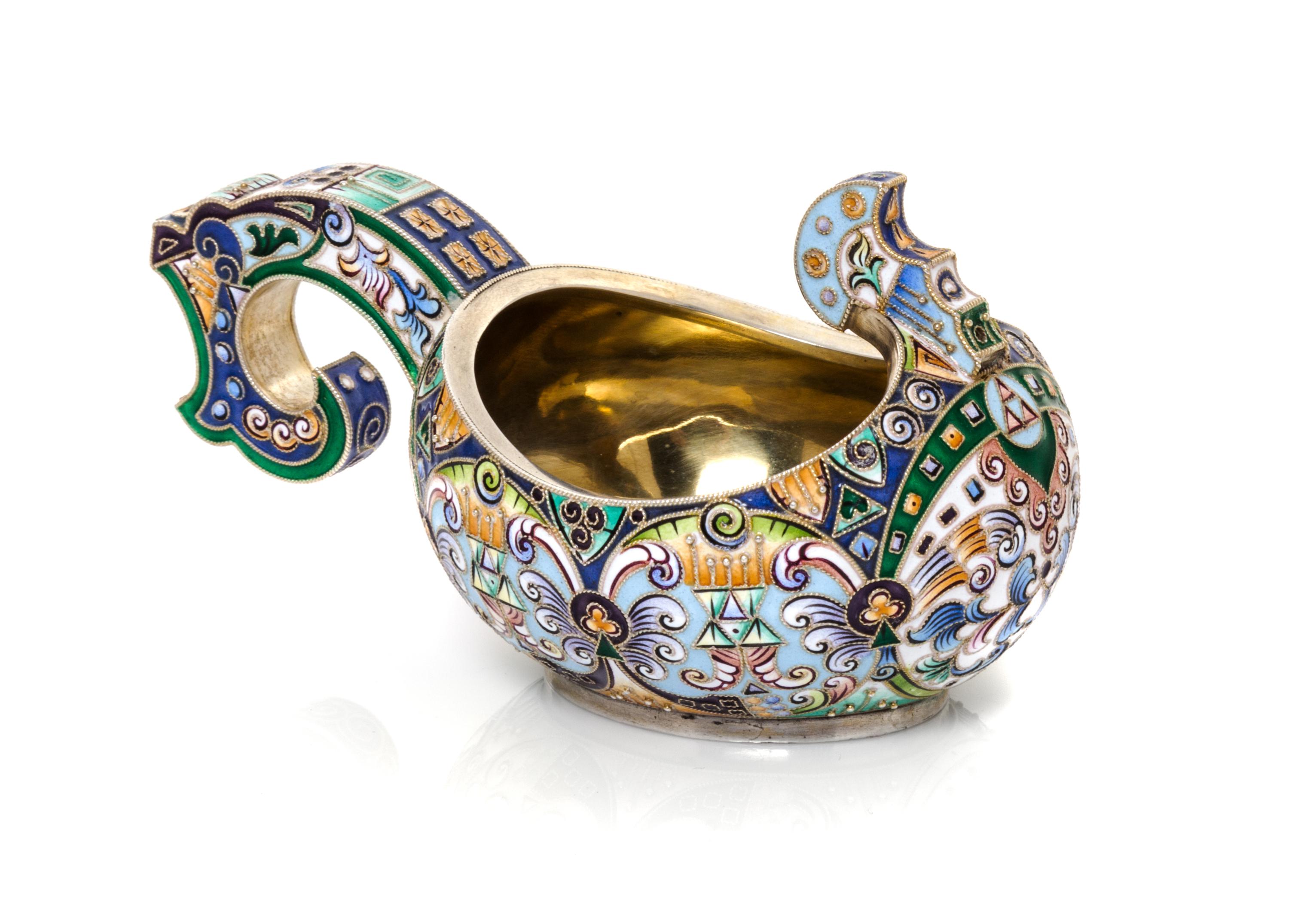 A Russian Enameled Silver Kovsh, Mark of Fedor Ruckert, Moscow, Late 19th/Early 20th Century, the body decorated with polychrome foliat