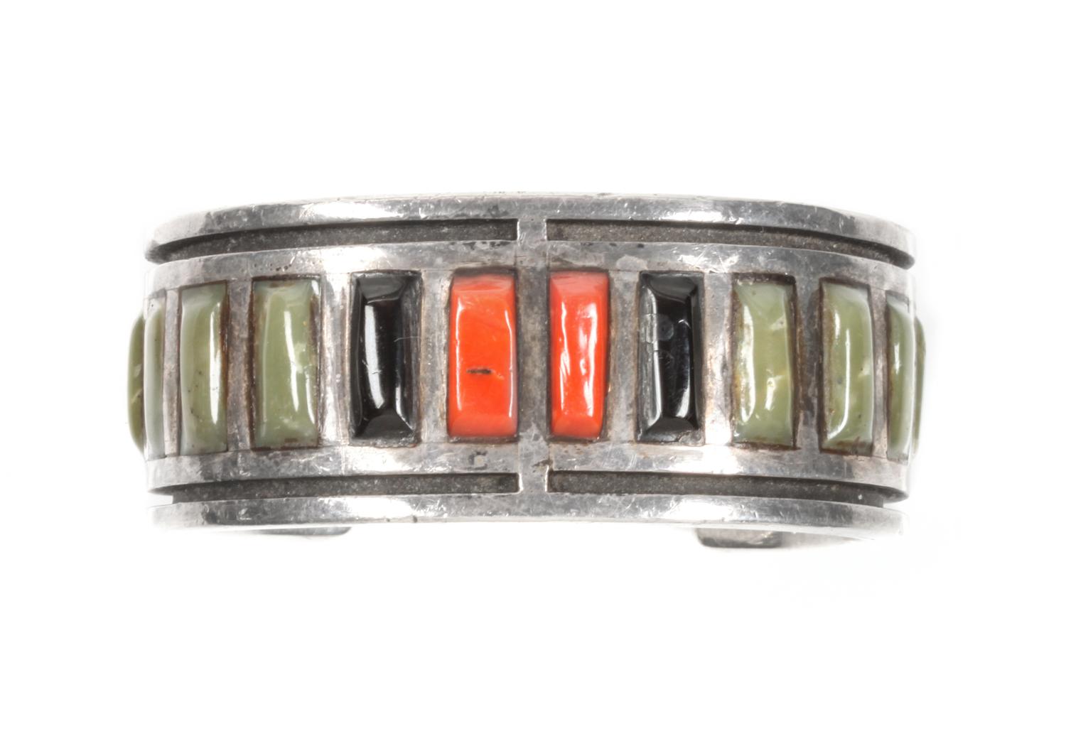 Jimmie and Reyna King (Dine, 20th Century) Silver and Multi-Gem Cuff Bracelet Length 5 1/4 x opening 1 1/4 x width 1 1/8 inches