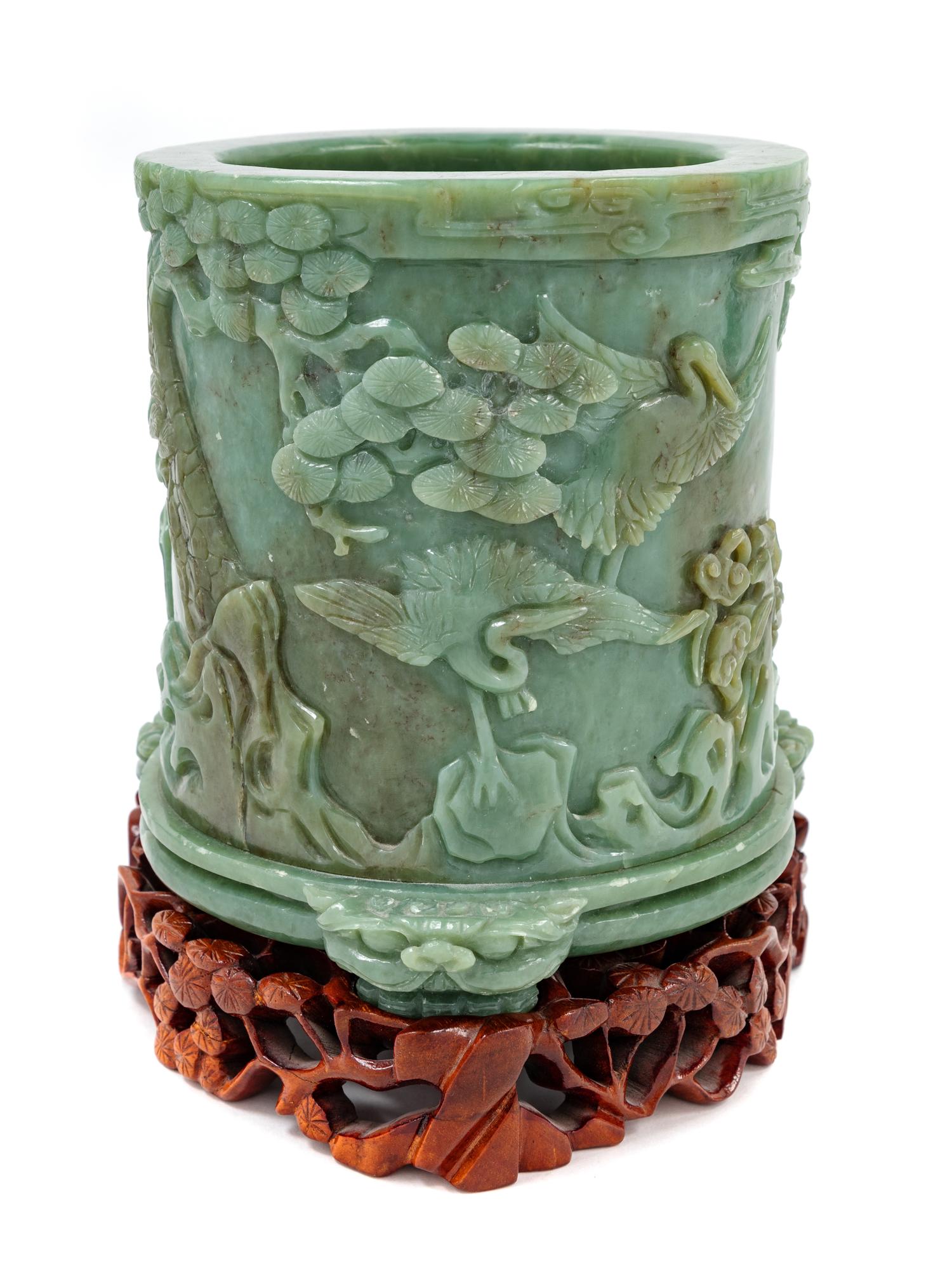 A Chinese Celadon Jade Cylindrical Brushpot