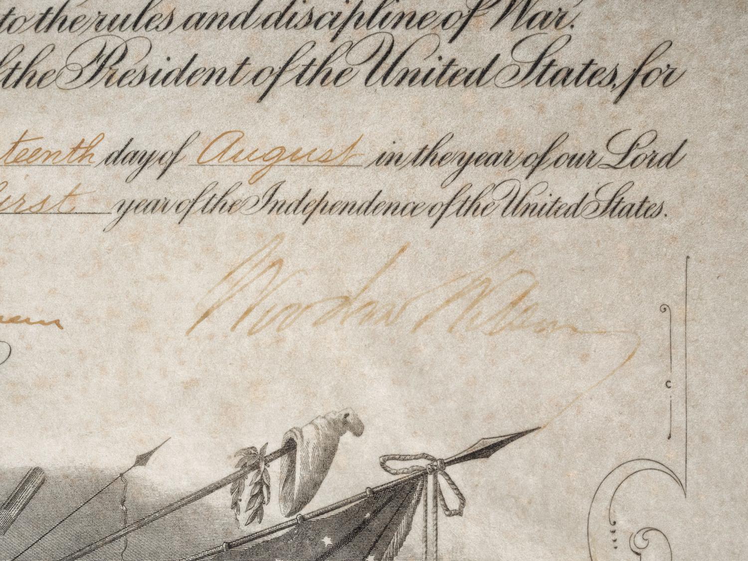 WILSON, Woodrow (1856-1924). A group of 3 items signed by Woodrow Wilson and Edith Bolling Wilson, highlighted by presidential signed appointment.