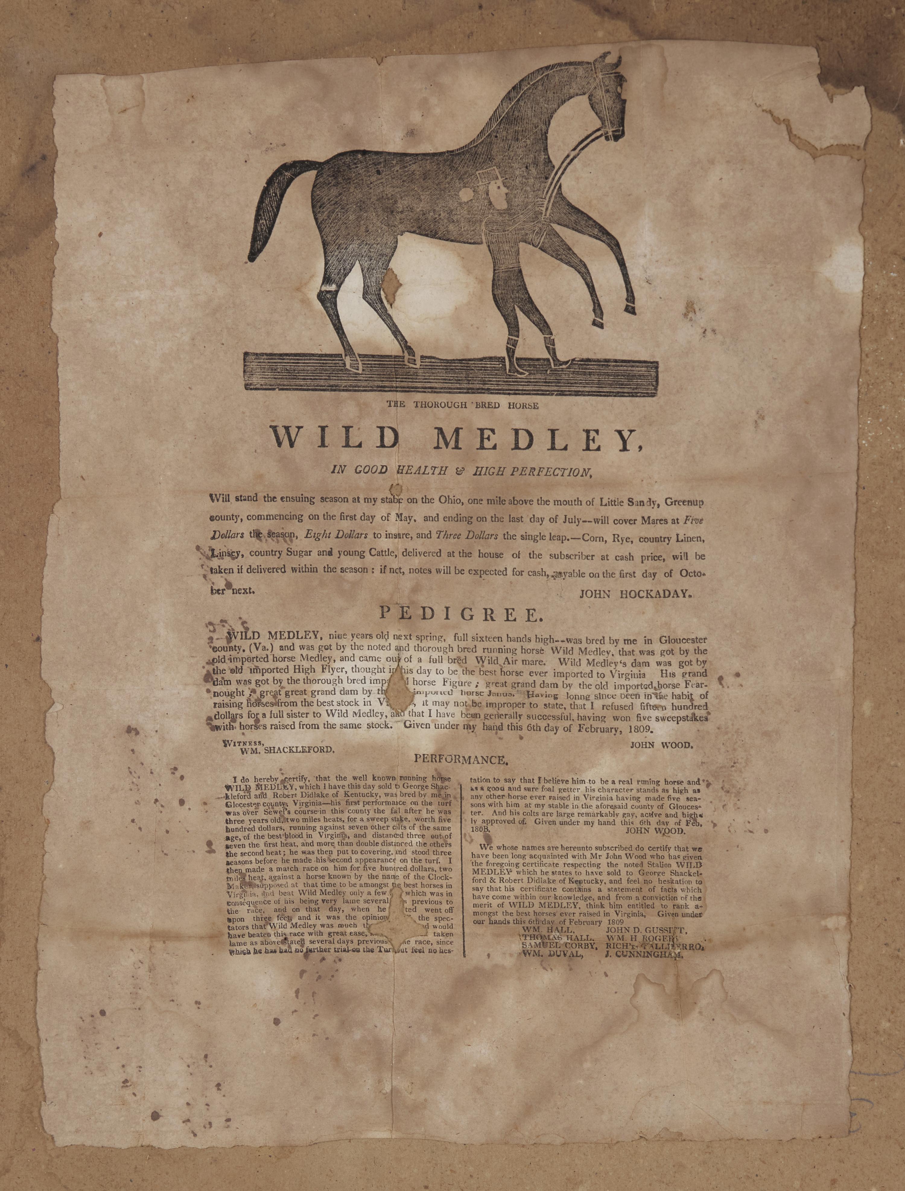 [Horse Racing] An Early and Possibly the Only Extant Example of this 19th Century Broadside Advertising the Stud Services of the Celebrated American Thoroughbred Racehorse Wild Medley