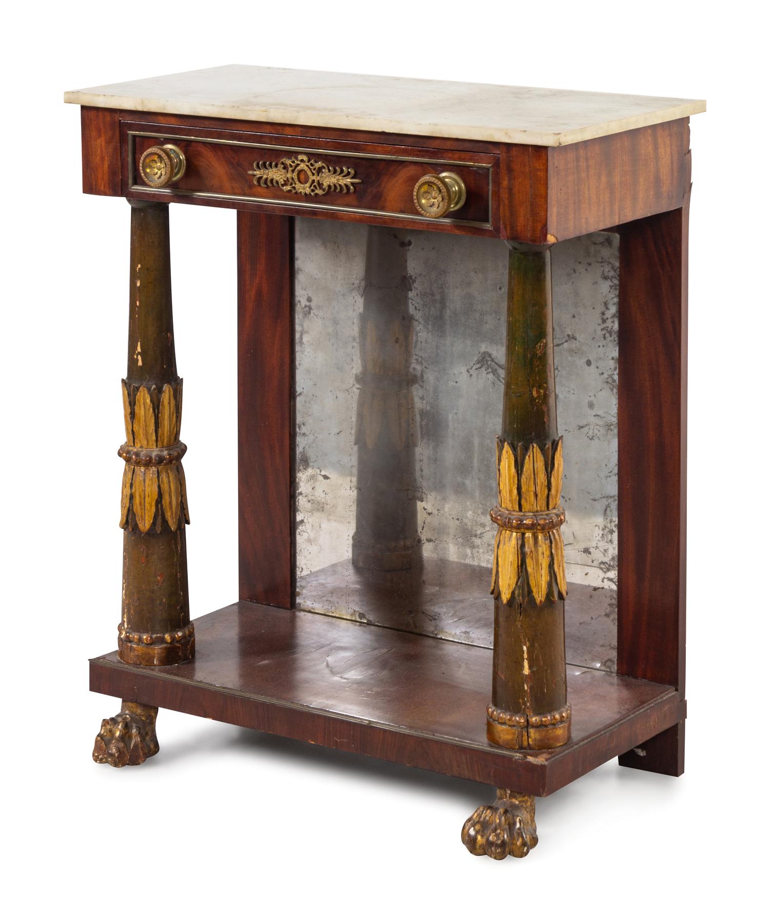 An Empire Parcel Gilt and Figured Mahogany Marble-Top Pier Table