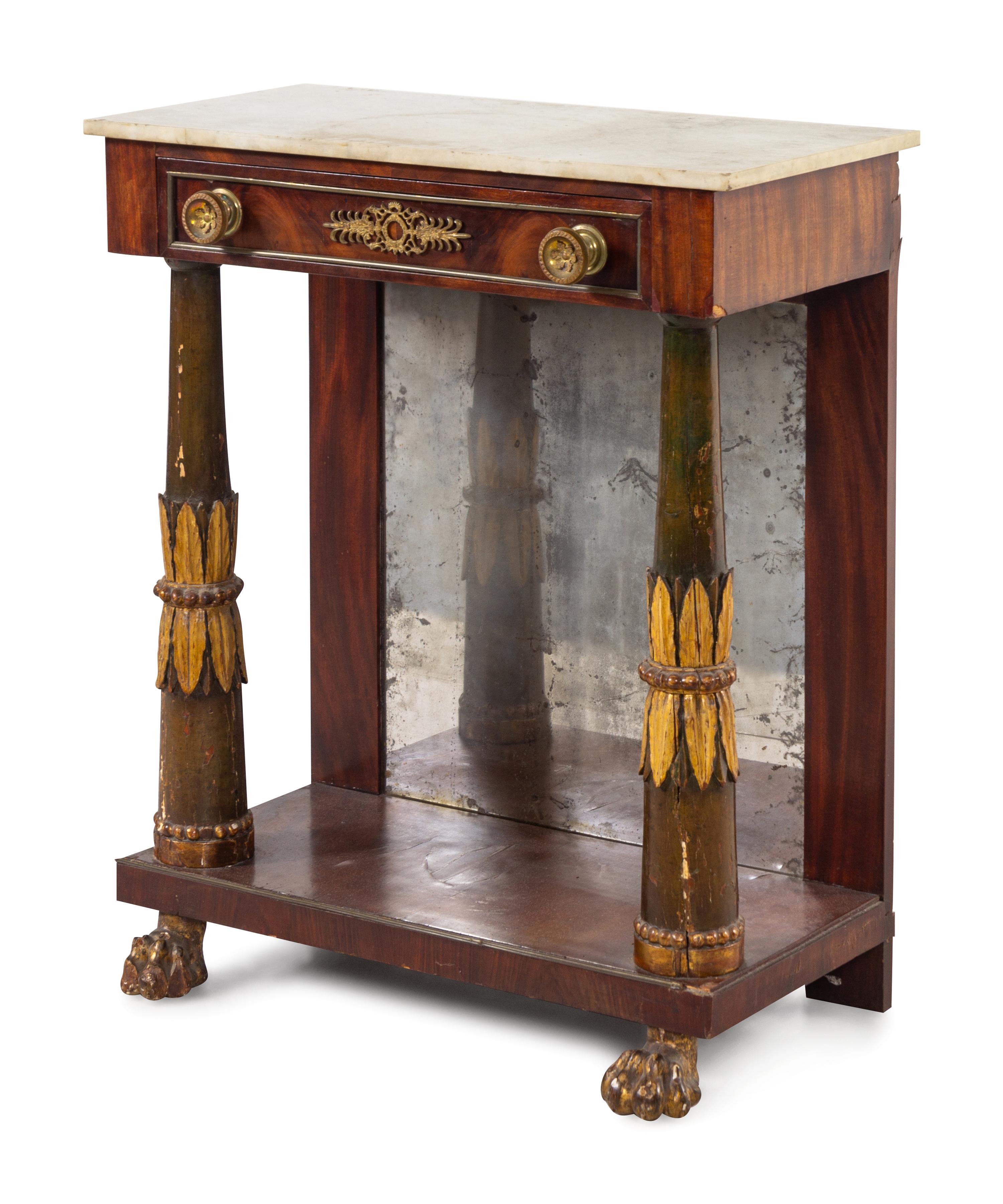 An Empire Parcel Gilt and Figured Mahogany Marble-Top Pier Table