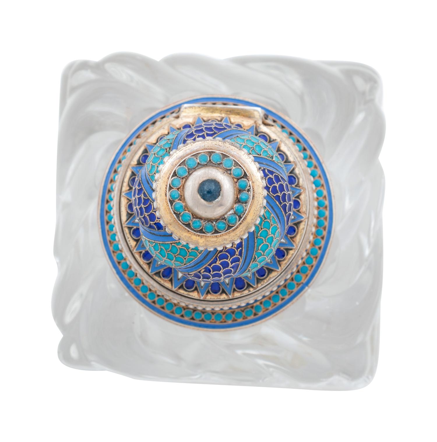 A Russian Silver and Enameled Cut Glass Inkwell