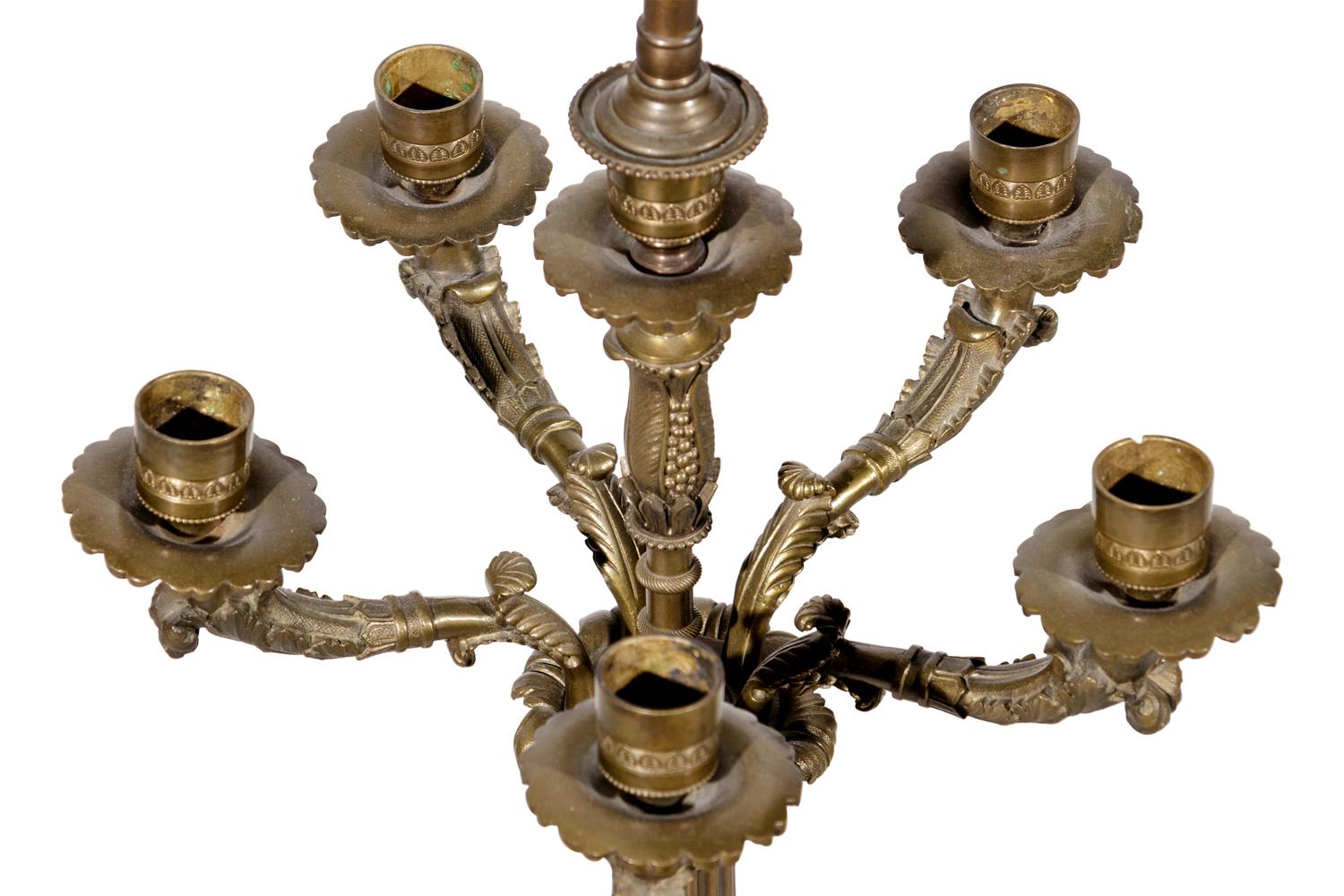 A Pair of Empire Style Gilt and Patinated Bronze Candelabra Mounted as Lamps