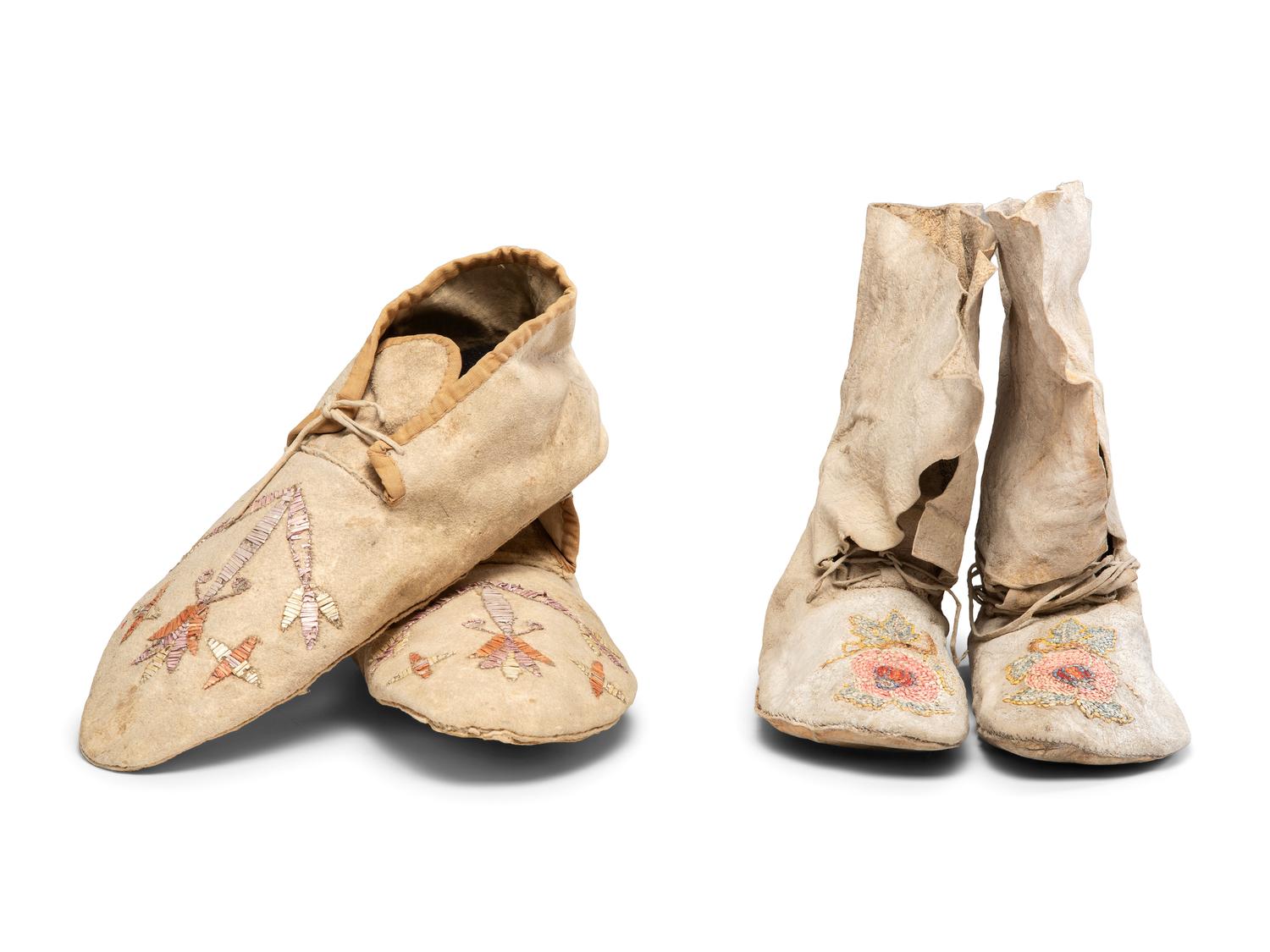 Santee Sioux and Shoshone Quilled Hide Moccasins