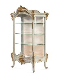 A Louis XV Style Painted and Parcel Gilt Carved Vitrine Cabinet