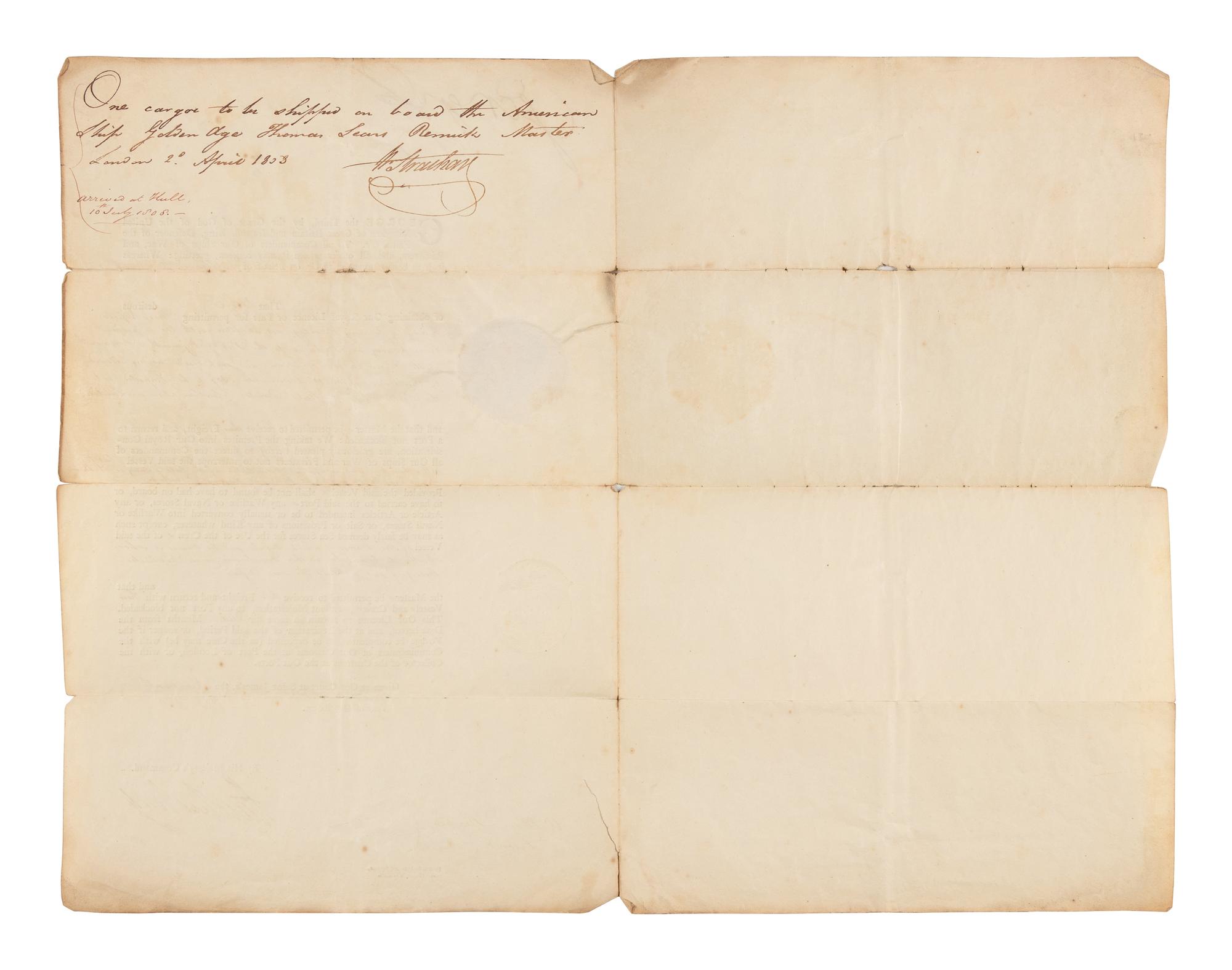 GEORGE III, King of England (1738-1820). Partly printed document signed, 19 March 1808. Counter-signed by Lord Hawkesbury and William Strachan.