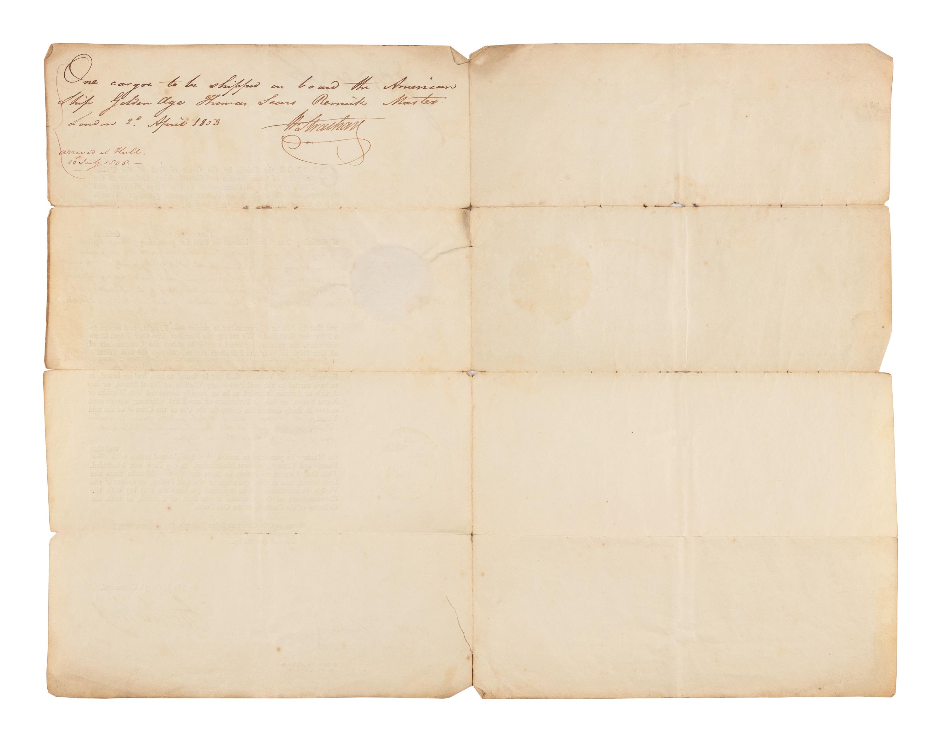 GEORGE III, King of England (1738-1820). Partly printed document signed, 19 March 1808. Counter-signed by Lord Hawkesbury and William Strachan.