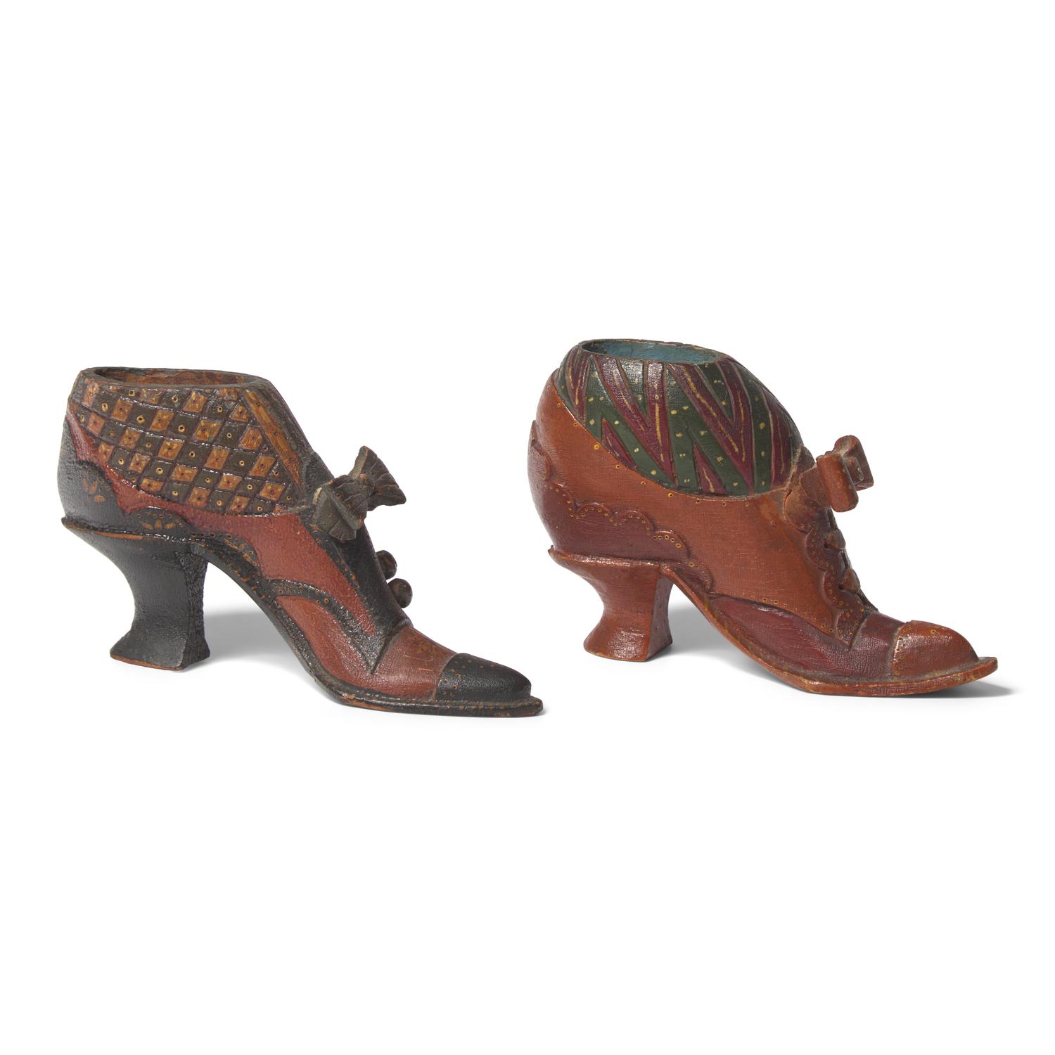 Two Painted Wood Pin Cushion Holders in the Form of Shoes
