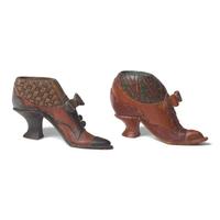 Two Painted Wood Pin Cushion Holders in the Form of Shoes
