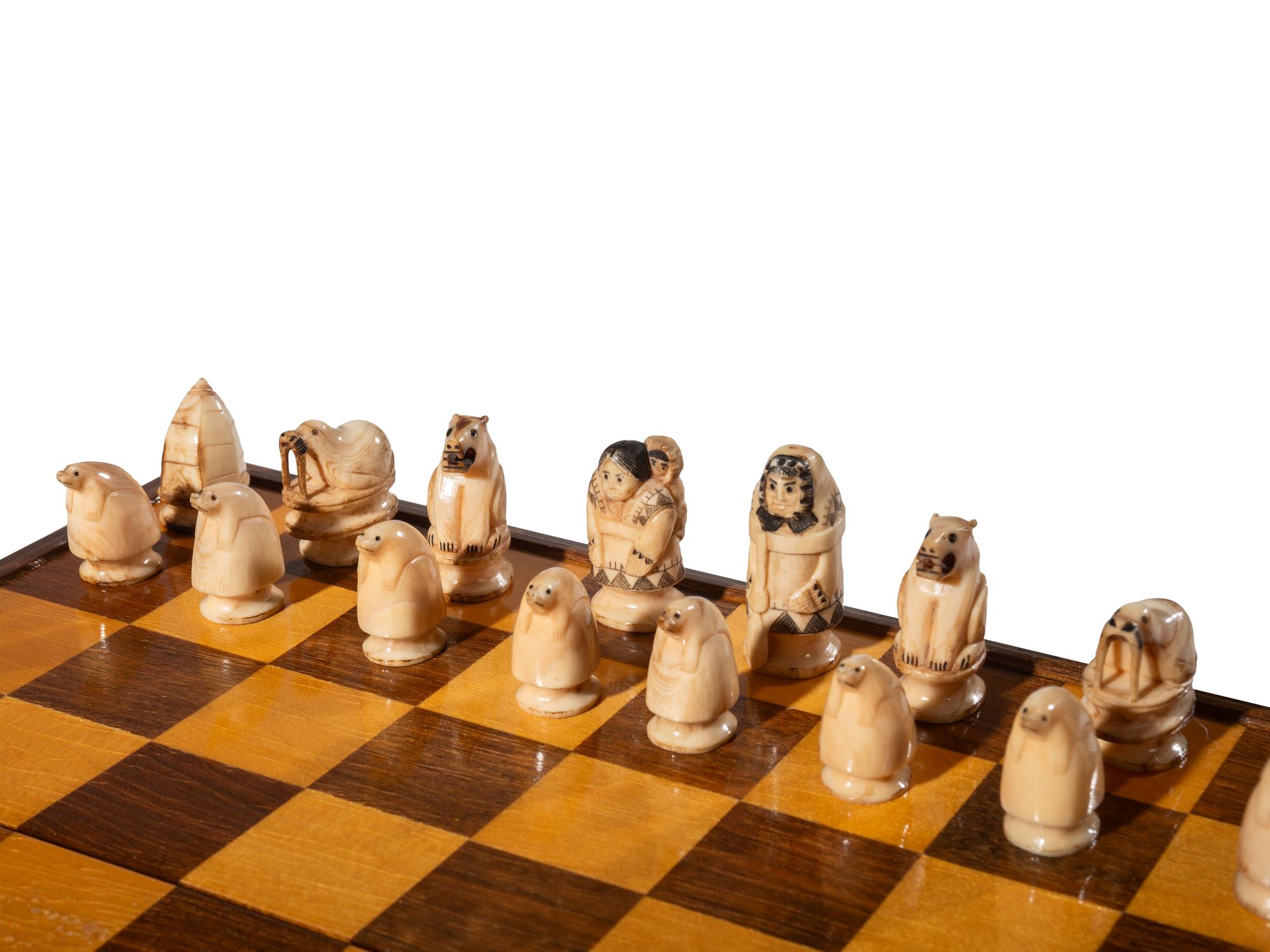 Inuit Carved Walrus Ivory Chess Set