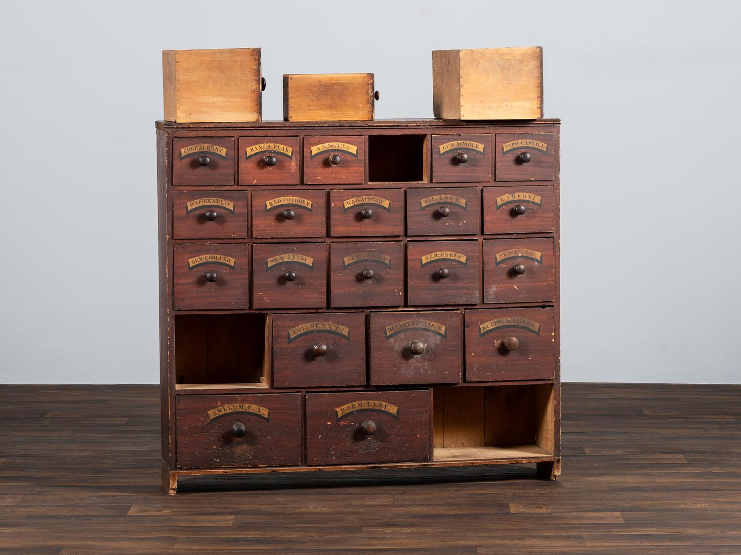 A Country Grain-Painted and Parcel Gilt Pine Apothecary Chest