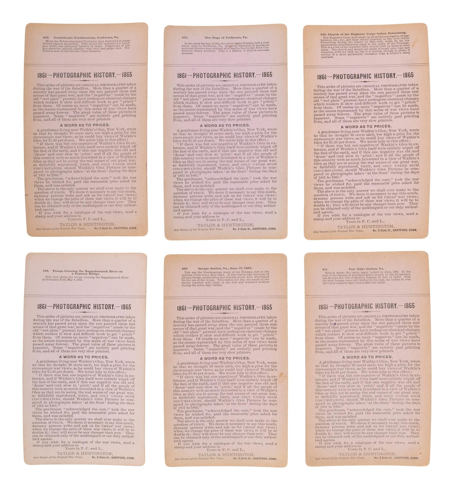 [CIVIL WAR]. A group of 24 stereoviews featuring scenes around Virginia including artillery, fortifications, Confederate prisons, and other subjects. Hartford, CT: Taylor & Huntington, ca 1890s.