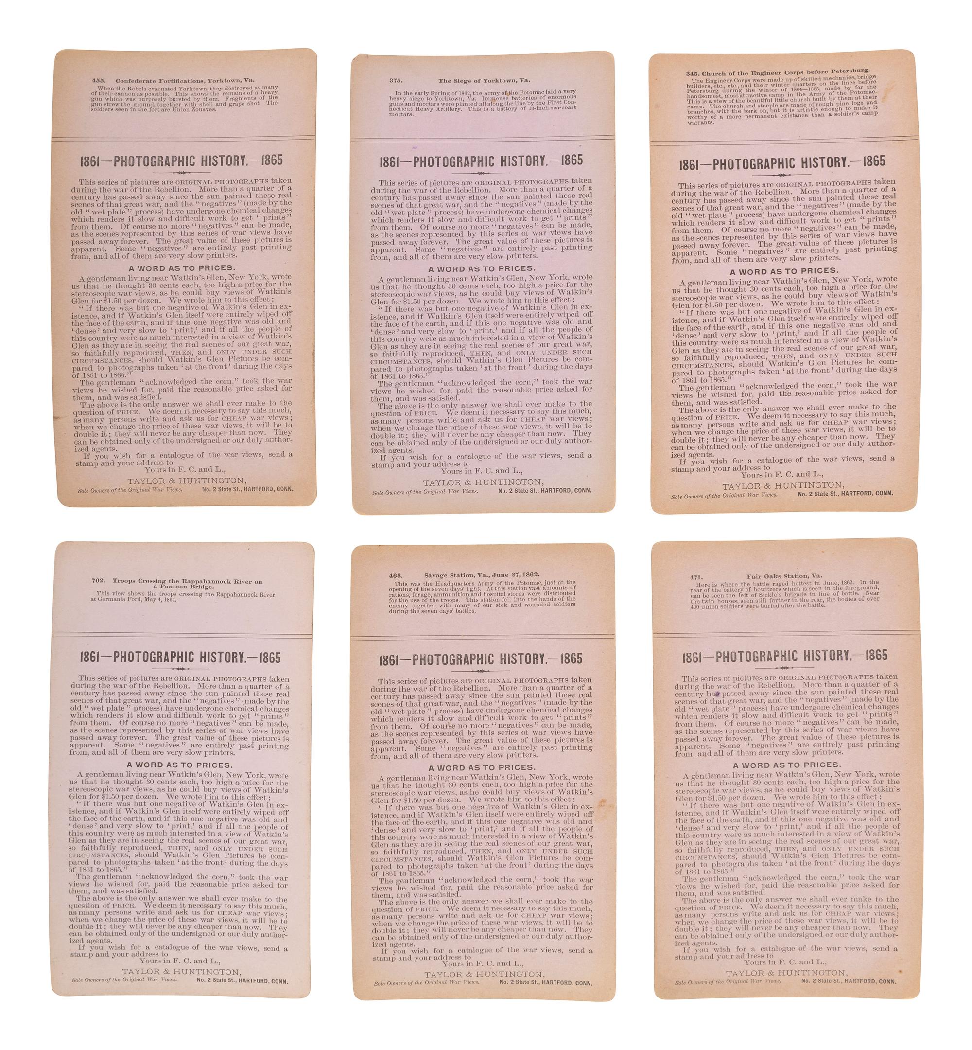 [CIVIL WAR]. A group of 24 stereoviews featuring scenes around Virginia including artillery, fortifications, Confederate prisons, and other subjects. Hartford, CT: Taylor & Huntington, ca 1890s.