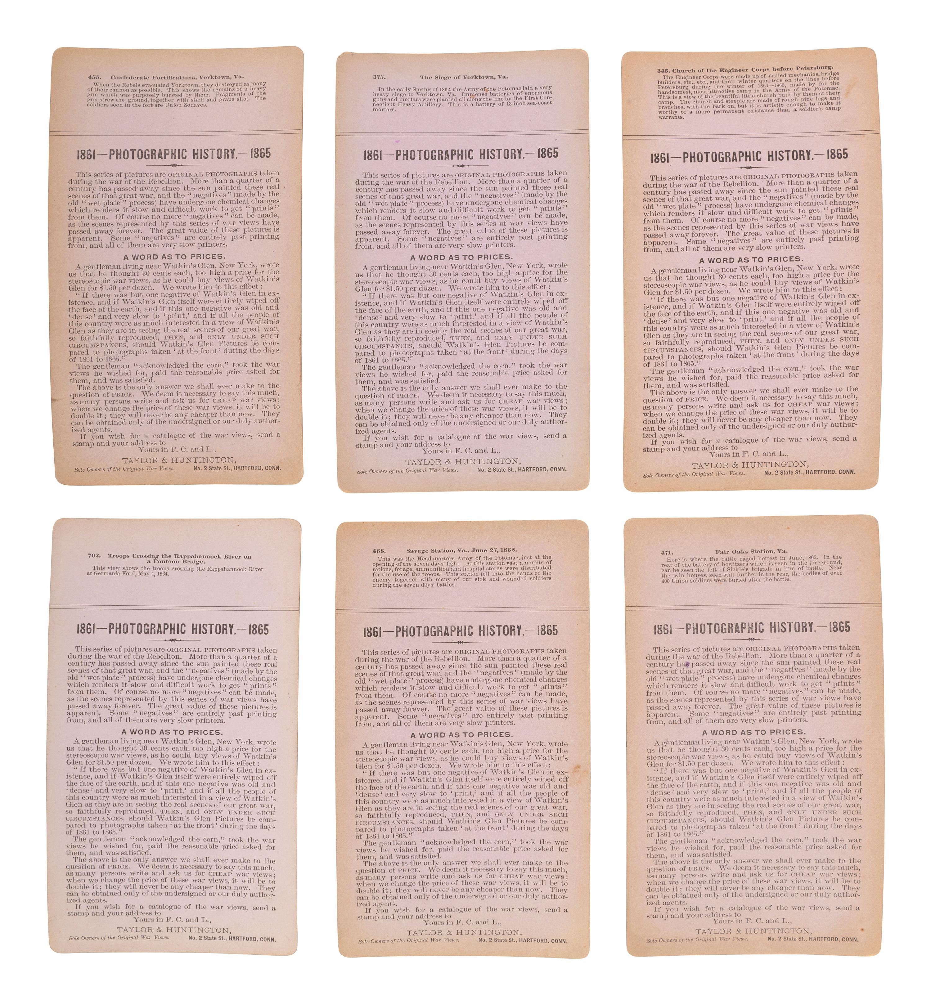 [CIVIL WAR]. A group of 24 stereoviews featuring scenes around Virginia including artillery, fortifications, Confederate prisons, and other subjects. Hartford, CT: Taylor & Huntington, ca 1890s.