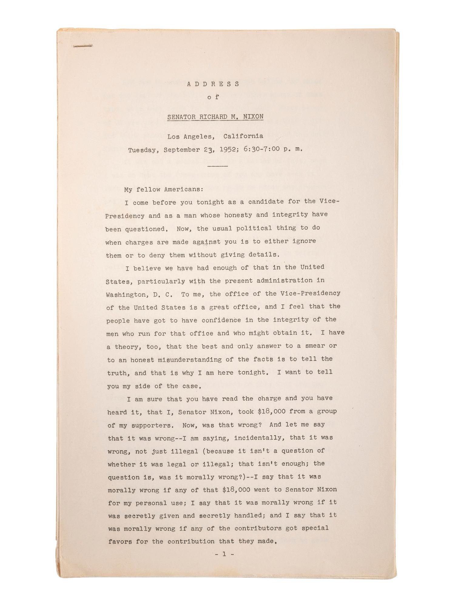 [THE CHECKERS SPEECH]. NIXON, Richard M. Address of Senator Richard M. Nixon. Los Angeles, CA: 23 September 1952.