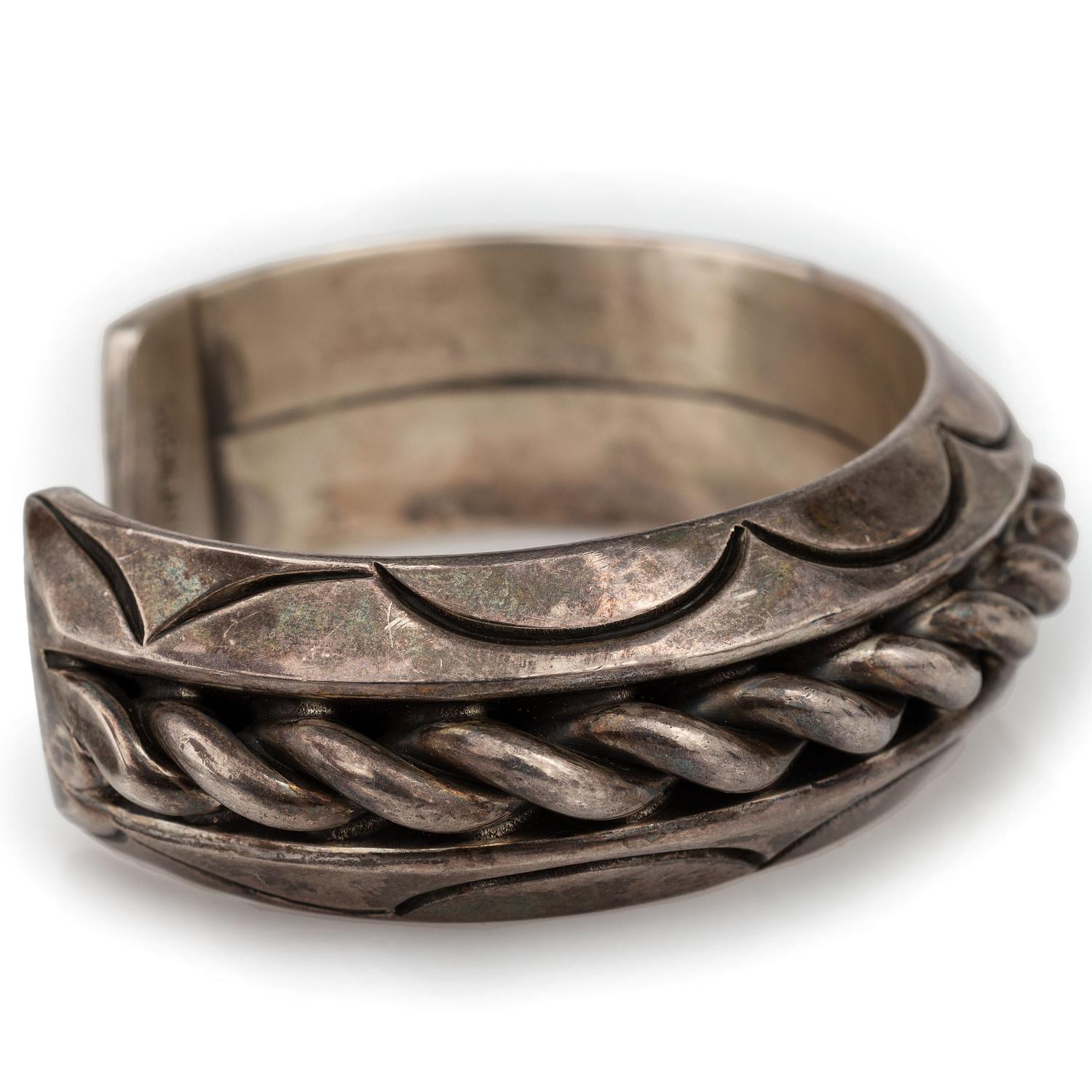 Heavy Stamped Sterling Silver and Twisted Wire Cuff Bracelet