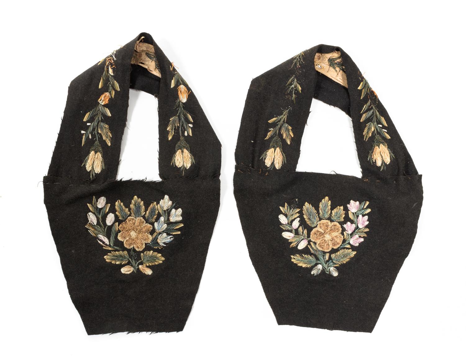 A Pair of Moose Hair and Birch Bark Mimac Moccasin Tops Length 11 1/4 x 6 3/4 inches. — CIRCA 1880