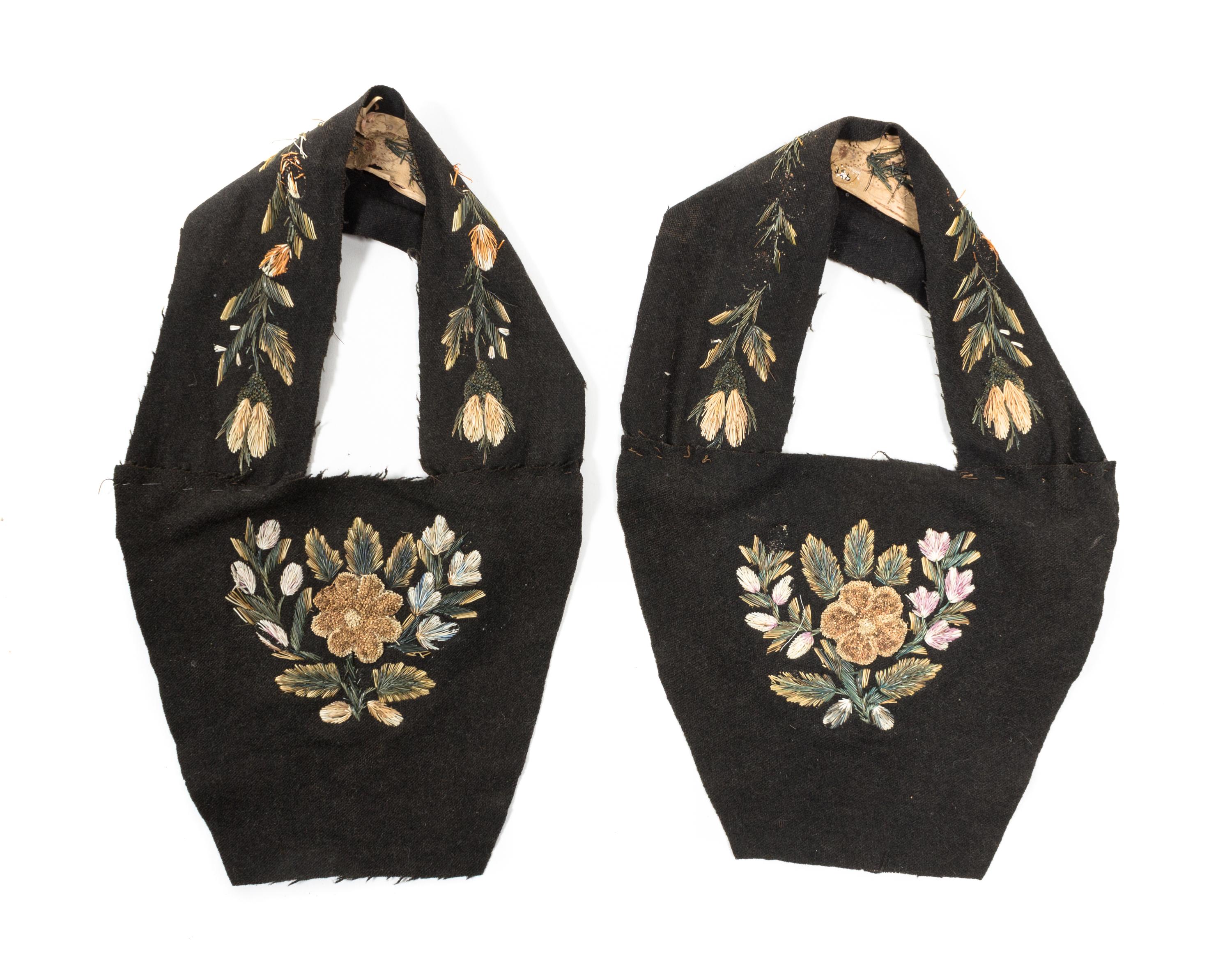 A Pair of Moose Hair and Birch Bark Mimac Moccasin Tops Length 11 1/4 x 6 3/4 inches. — CIRCA 1880