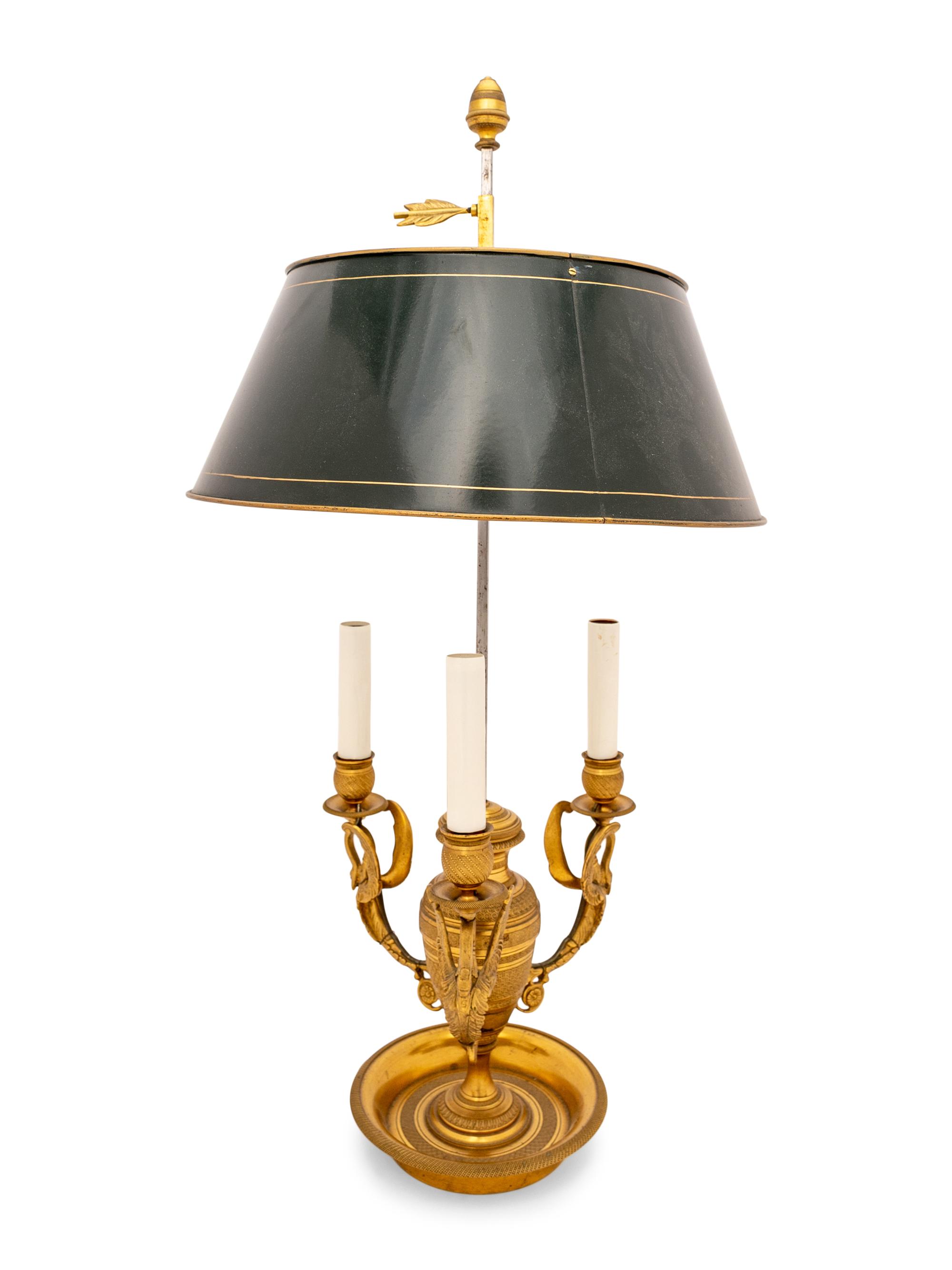 An Empire Style Gilt Metal Bouillotte Lamp with Tole Shade