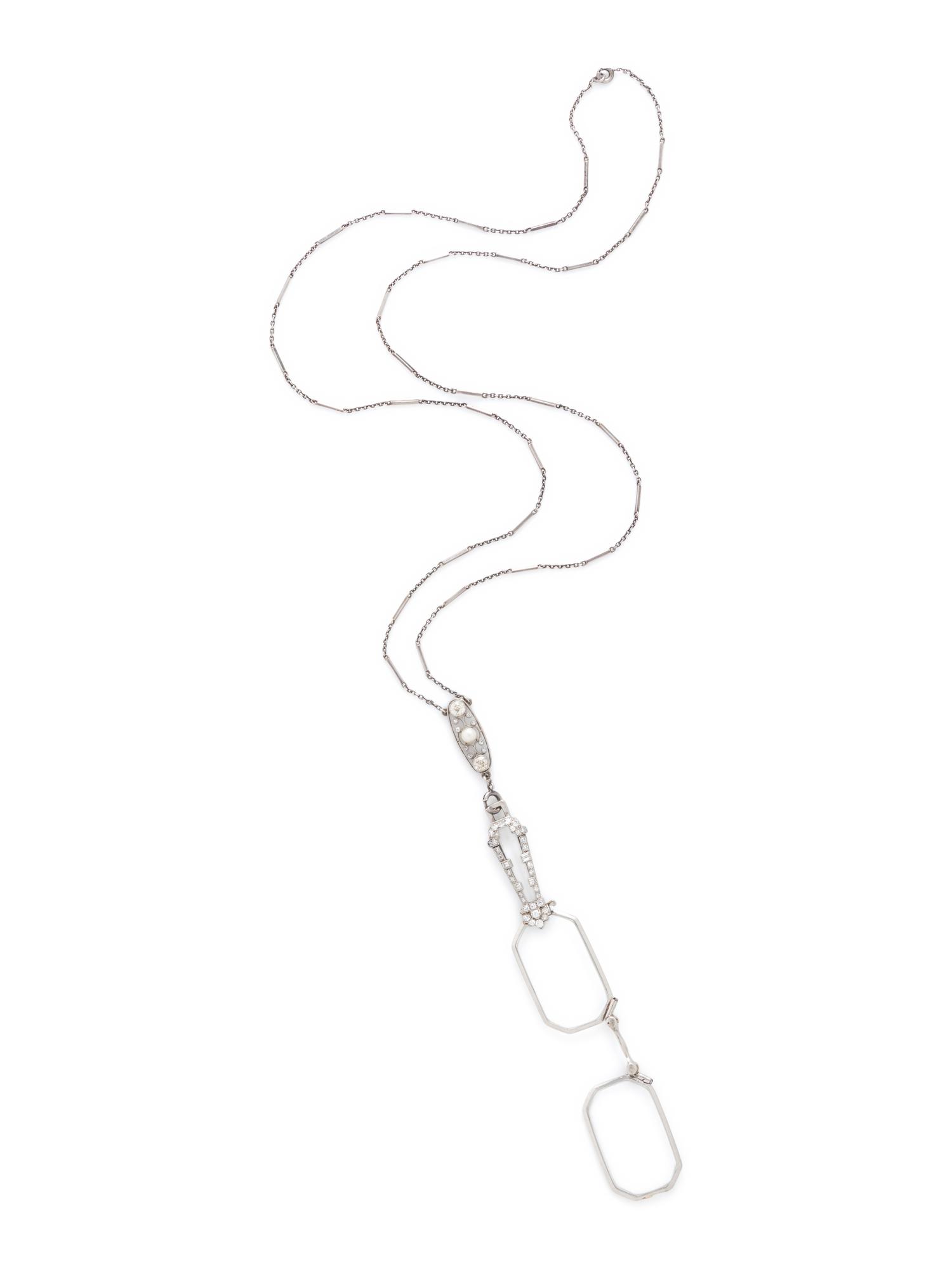 ART DECO, DIAMOND, ROCK CRYSTAL, AND PEARL LORGNETTE WITH EDWARDIAN CHAIN