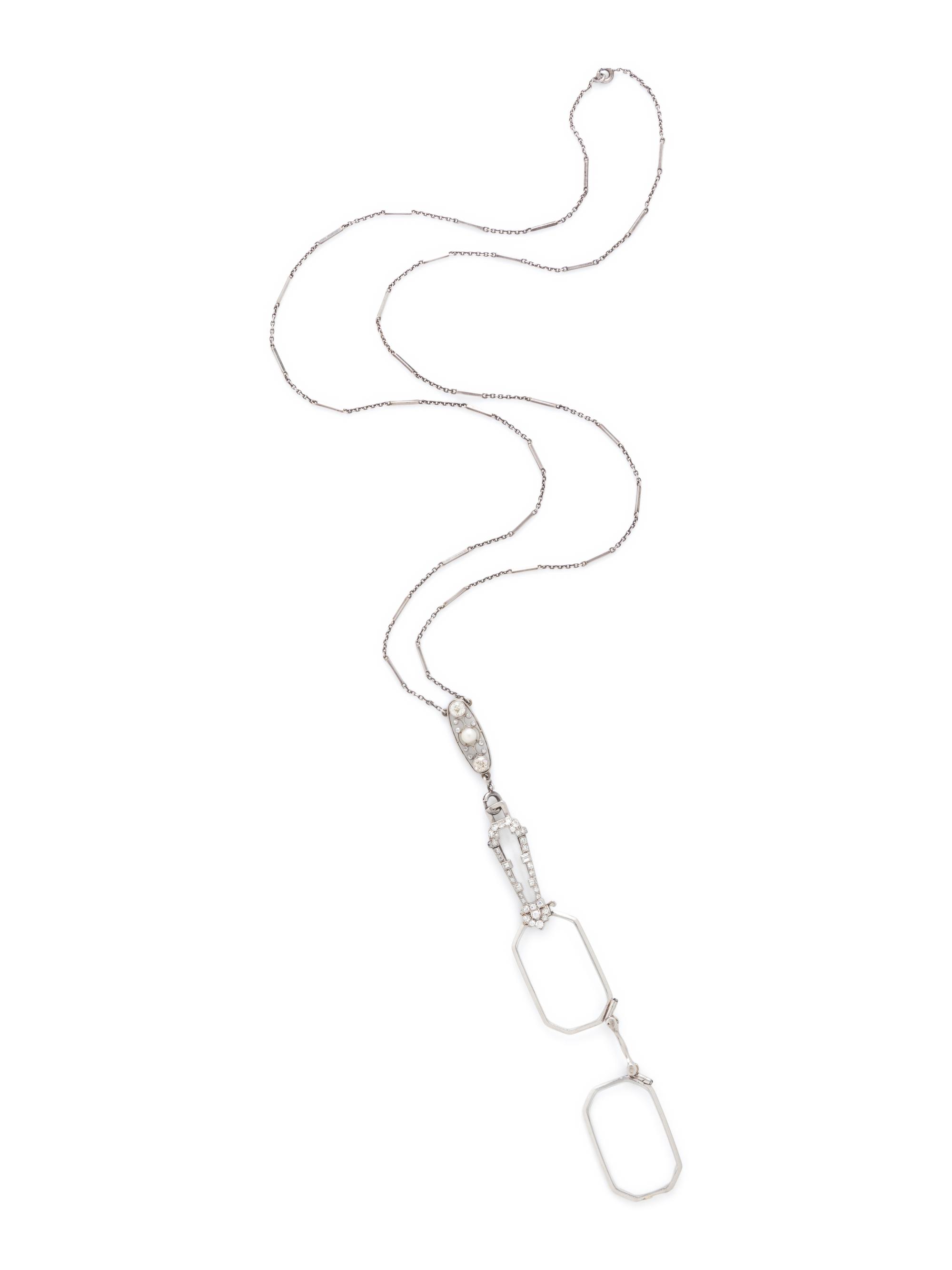 ART DECO, DIAMOND, ROCK CRYSTAL, AND PEARL LORGNETTE WITH EDWARDIAN CHAIN