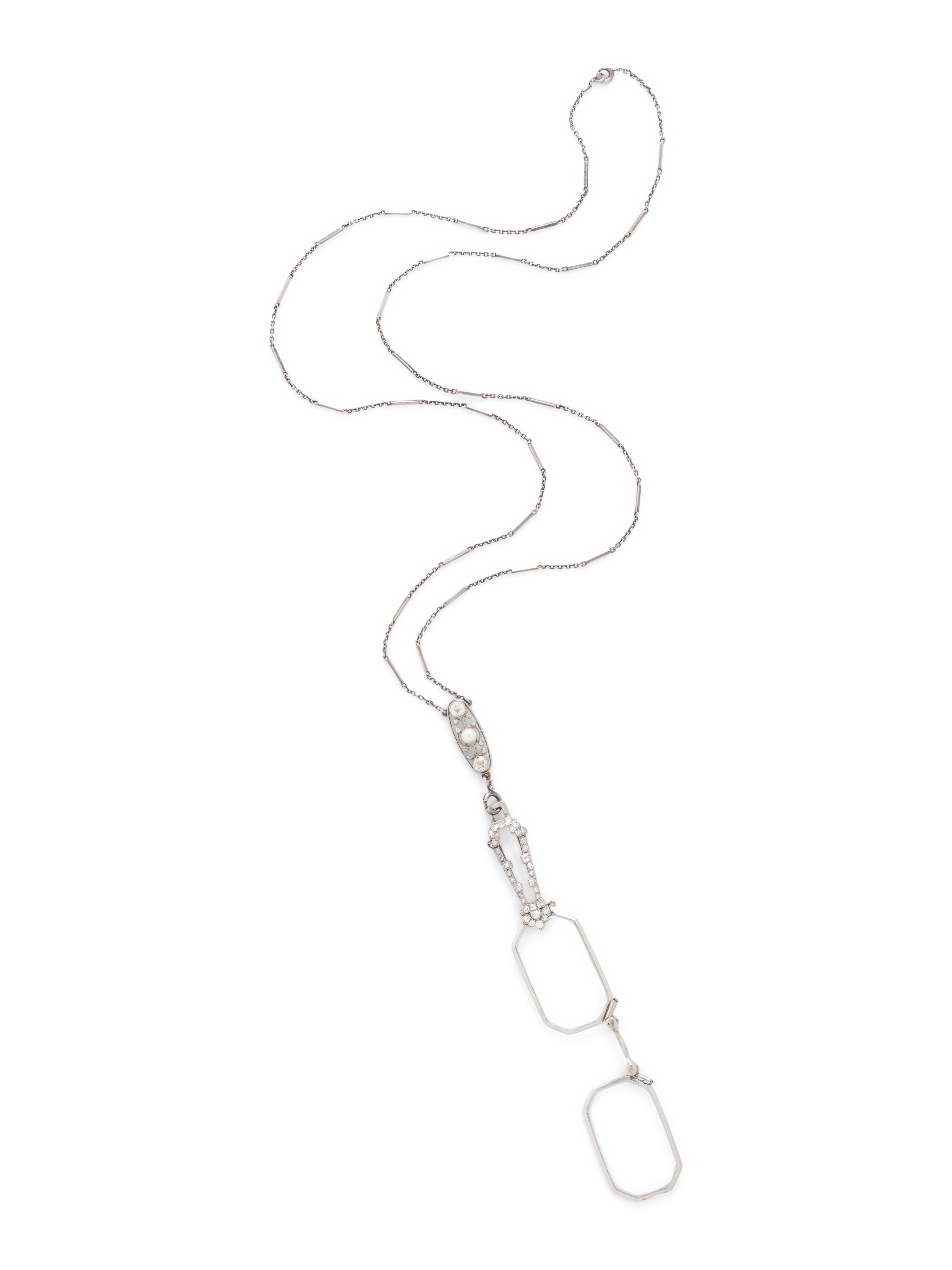 ART DECO, DIAMOND, ROCK CRYSTAL, AND PEARL LORGNETTE WITH EDWARDIAN CHAIN