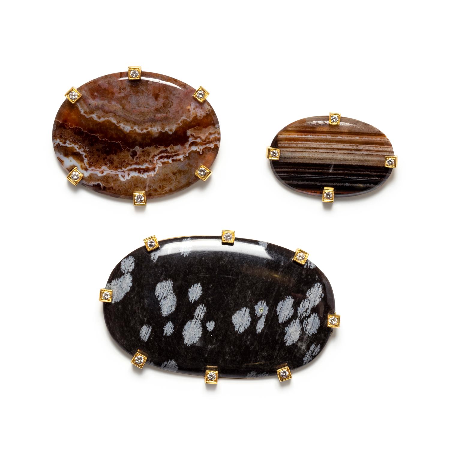 COLLECTION OF HARDSTONE AND DIAMOND PENDANT/BROOCHES