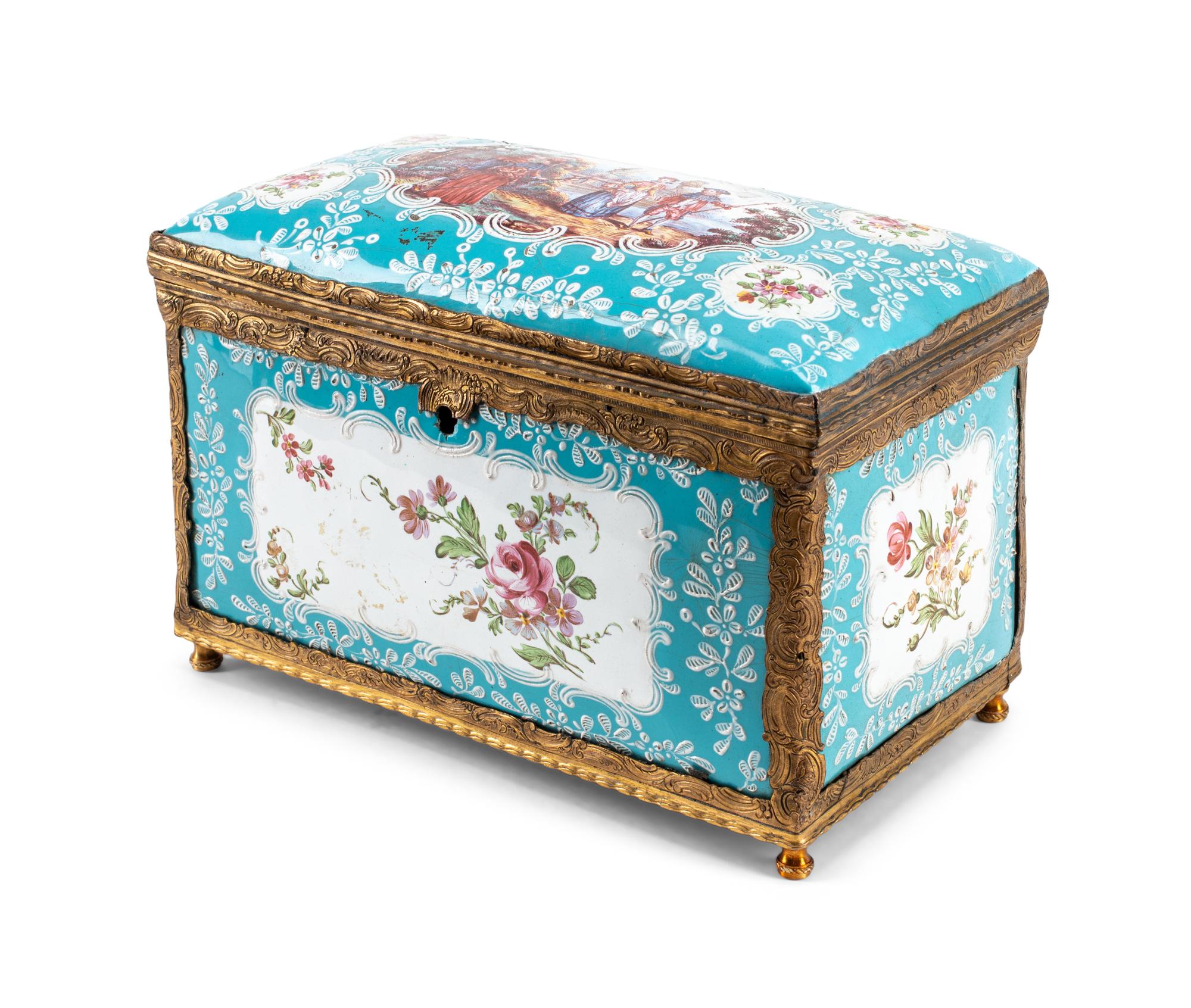 A French Enameled Copper and Gilt Metal Table Casket