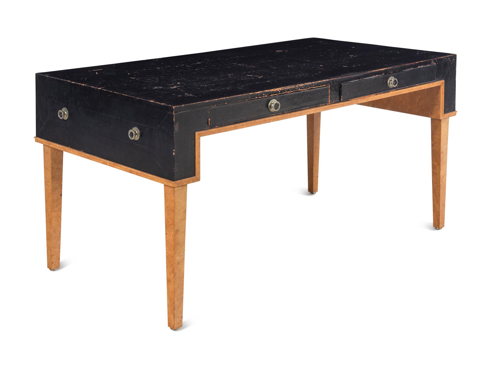 A Modernist Burlwood and Leather-Veneered Desk