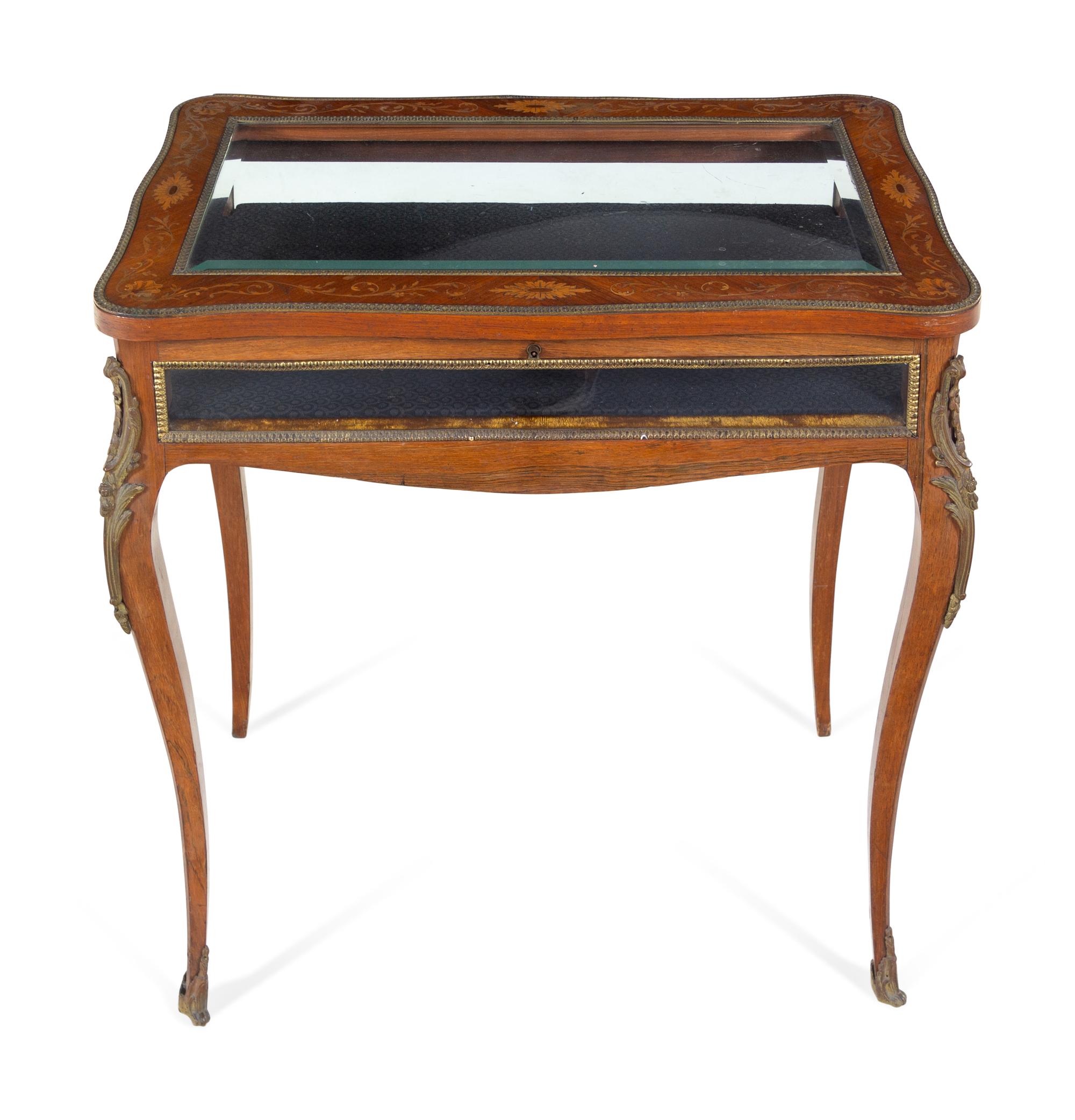 A Louis XV Style Gilt Metal Mounted Marquetry Vitrine Table