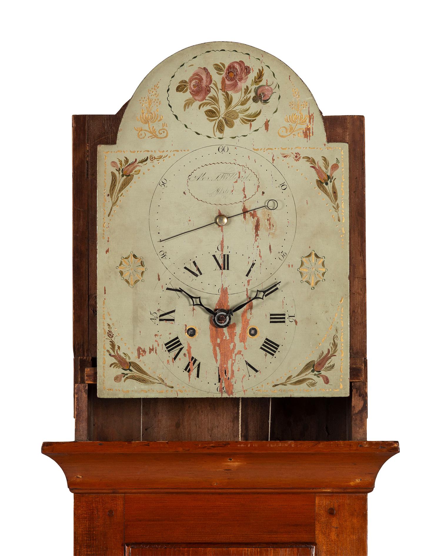 A Federal Fret Carved Pine Tall Case Clock
