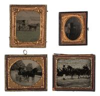 [EARLY PHOTOGRAPHY - OUTDOOR]. 5 ambrotype and tintype views featuring people with horses.
