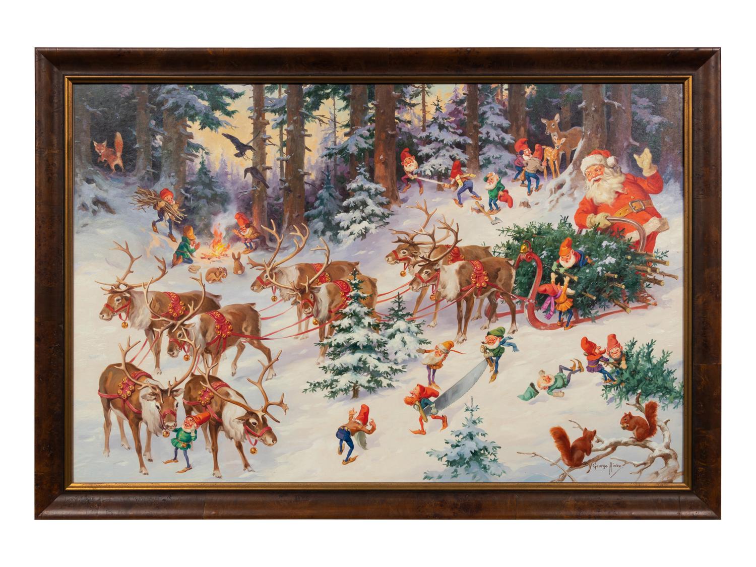 Santa and His Elves Gathering Trees in His Sleigh