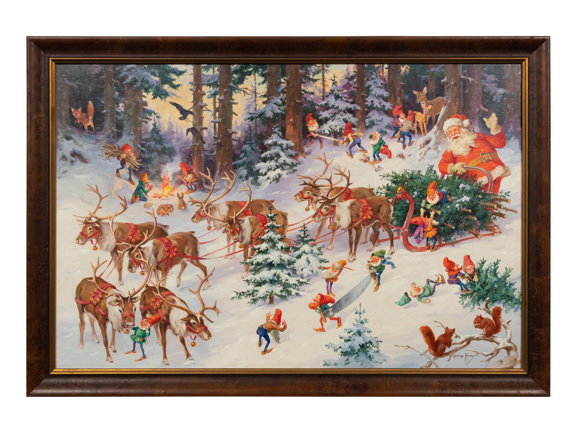Santa and His Elves Gathering Trees in His Sleigh