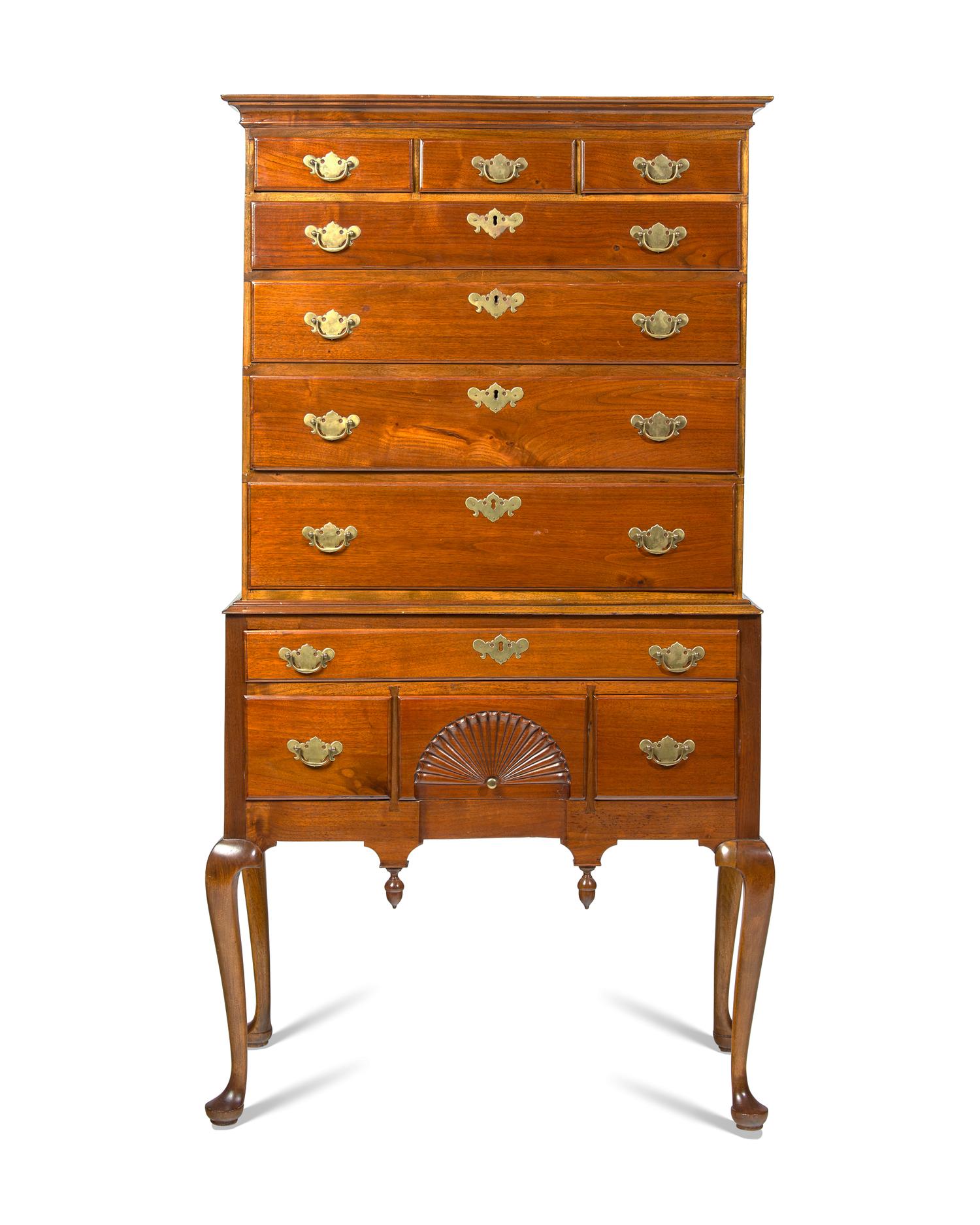 A Queen Anne Carved Walnut Flat-Top High Chest Of Drawers