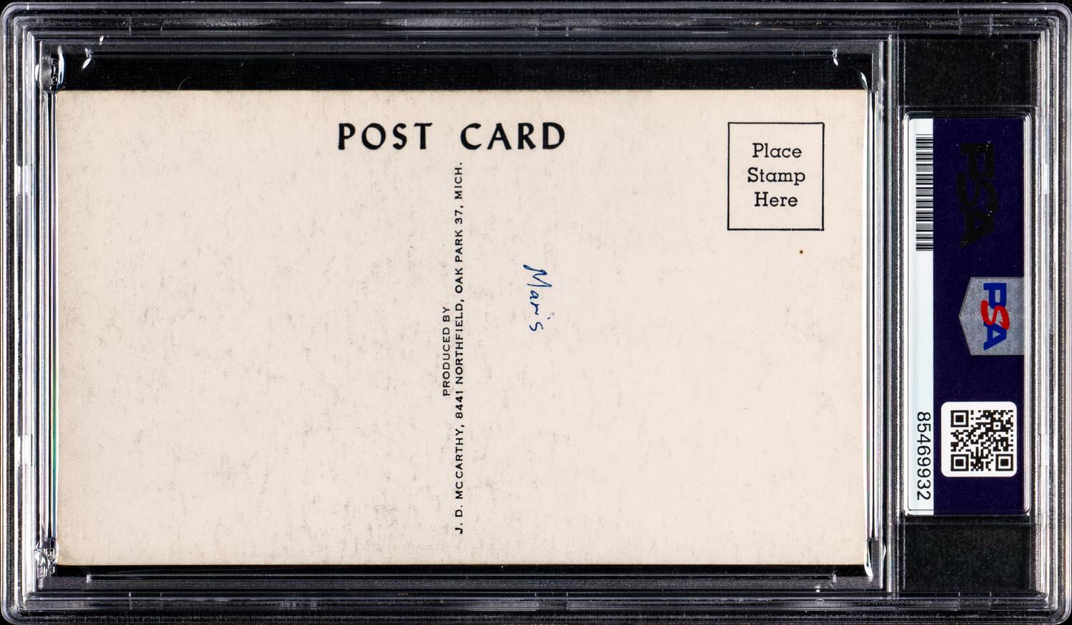 A Roger Maris Signed Autograph 1958-59 Postcard (PSA ENCAPSULATED)