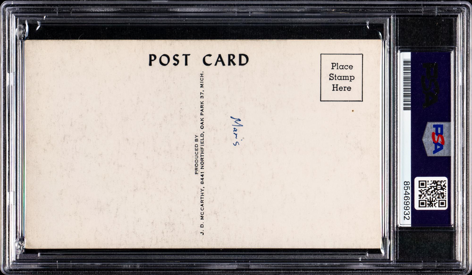 A Roger Maris Signed Autograph 1958-59 Postcard (PSA ENCAPSULATED)